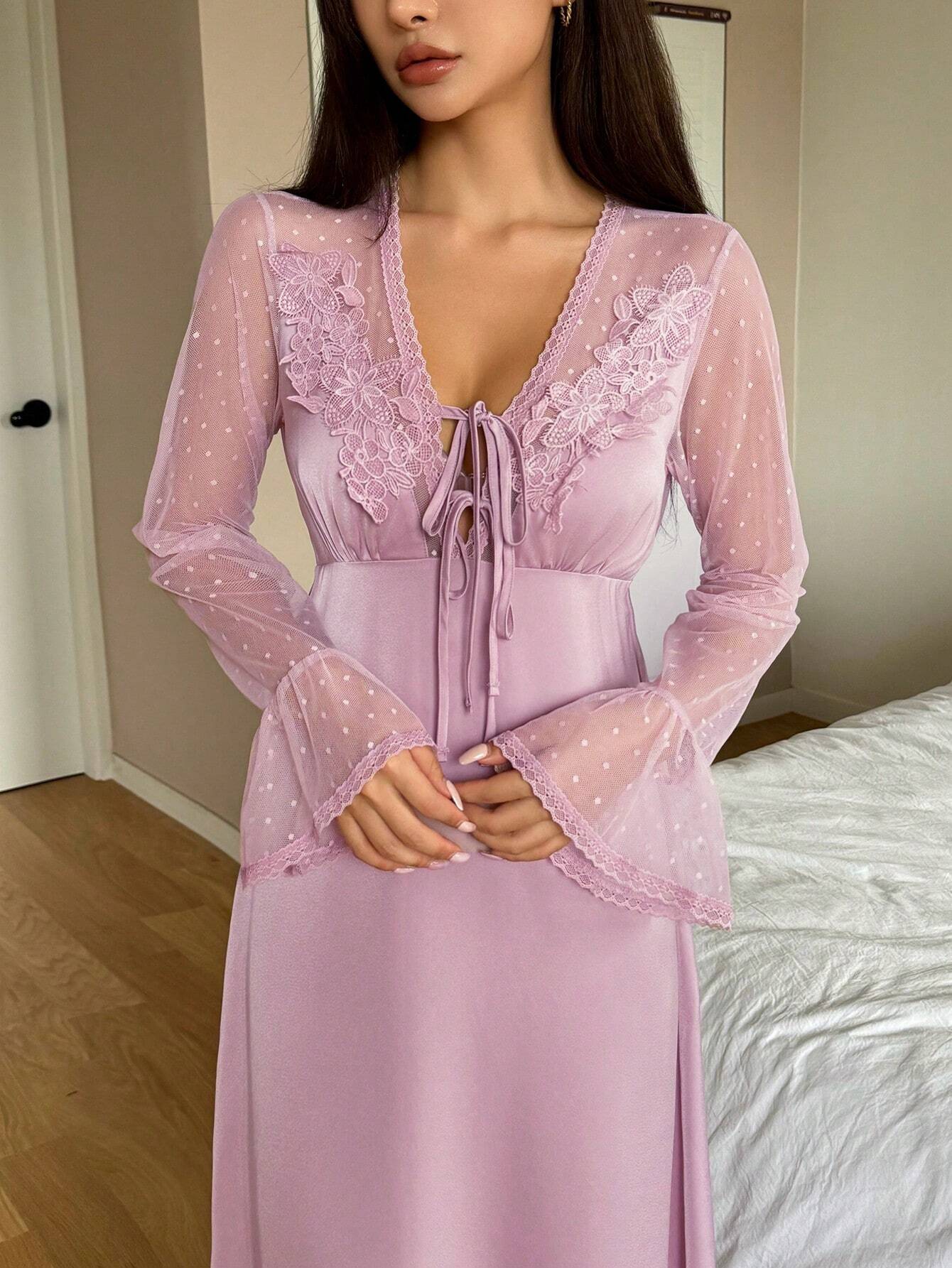DAZY Satin Contrast Lace Semi-Sheer Ruffle Sleeve Waist Cinched Nightgown