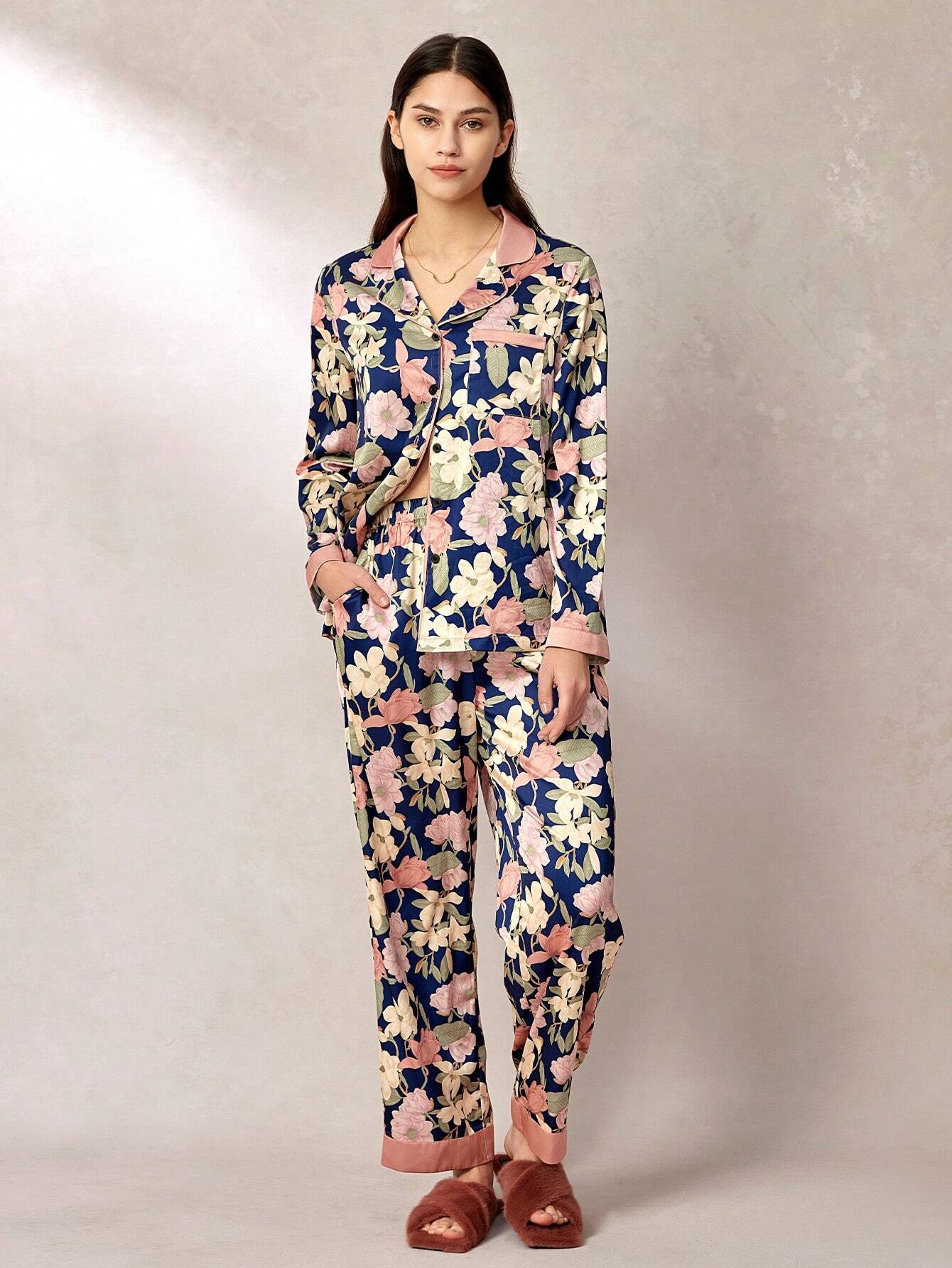 LUVLETTE Chinese Ink Painting Flora Print Satin Long Women Pajama Sets