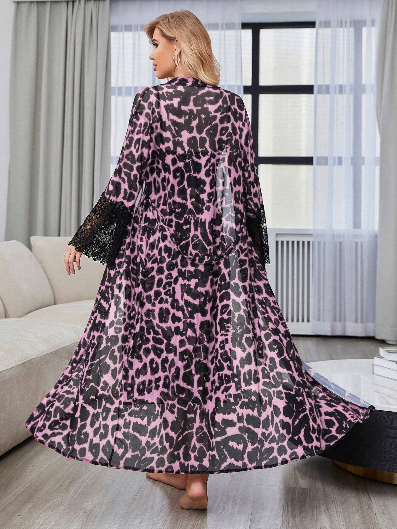 Leopard Print Lace Mesh Slip Dress &amp; Belted Robe Pajama Set