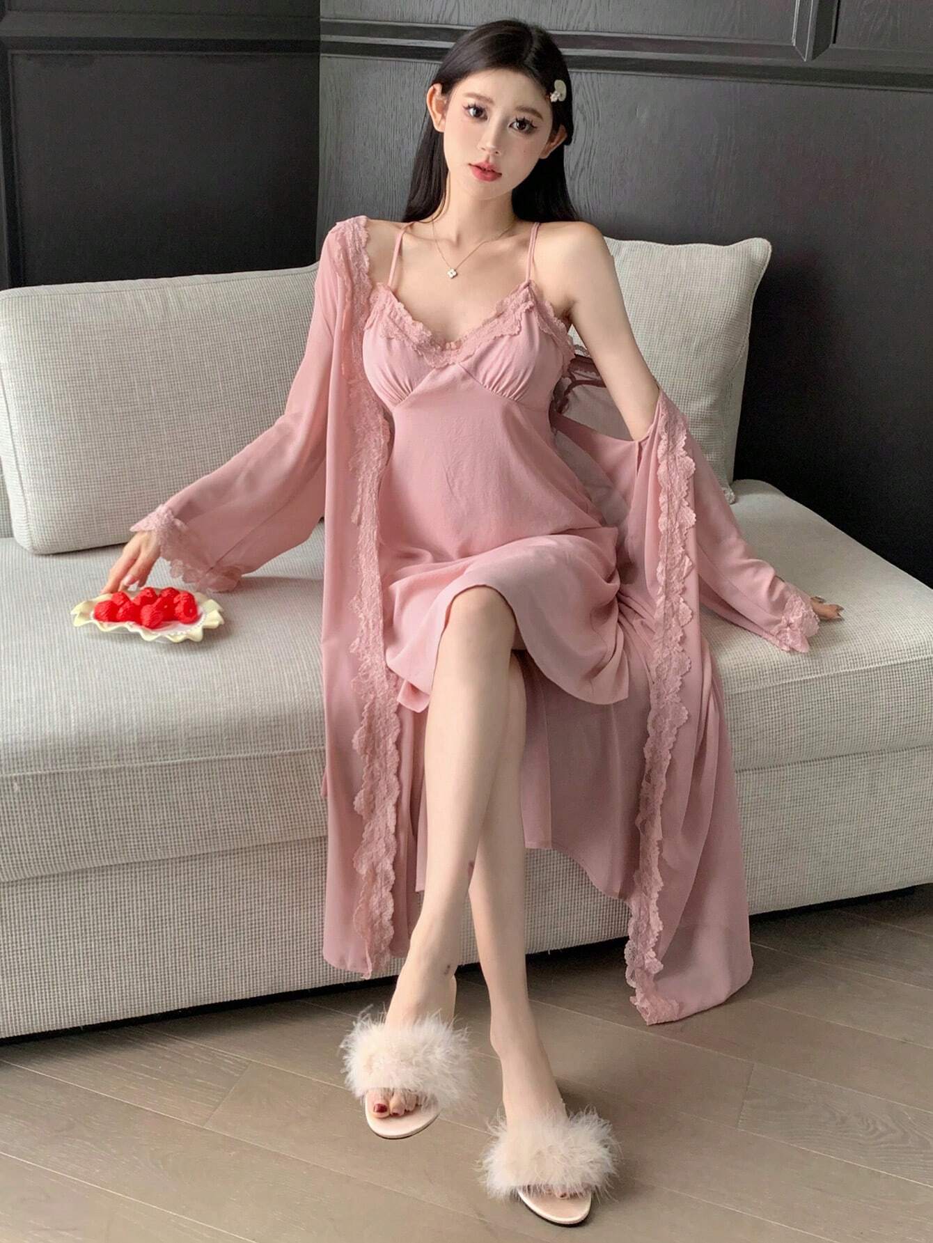 DAZY 2pcs Lace Splice Cami Slip Dress &amp; Robe Pajama Set