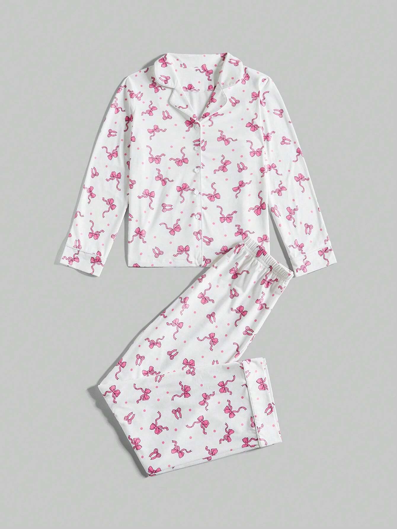 Kawaii Bowknot Printed Pajama Set With Bow