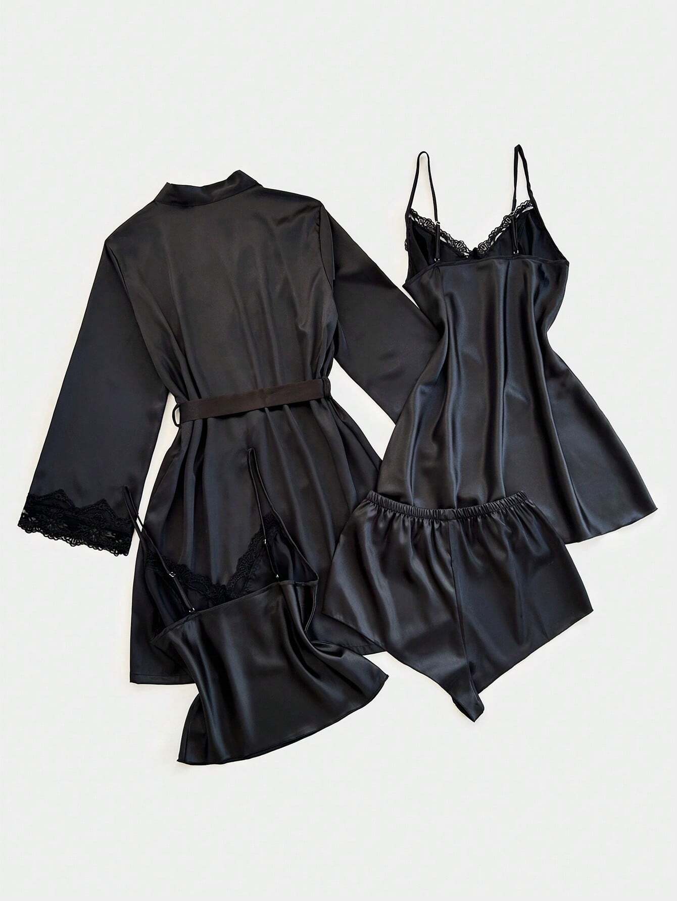 4pcs Set: Embroidered V-Neck Faux Silk Slip Dress