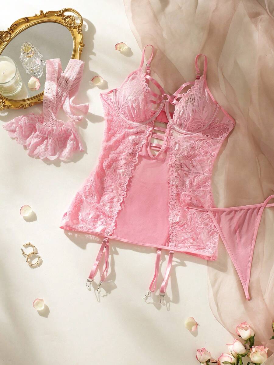 Floral Lace Cut-out Underwire Garter Lingerie Set With 1pair Stockings