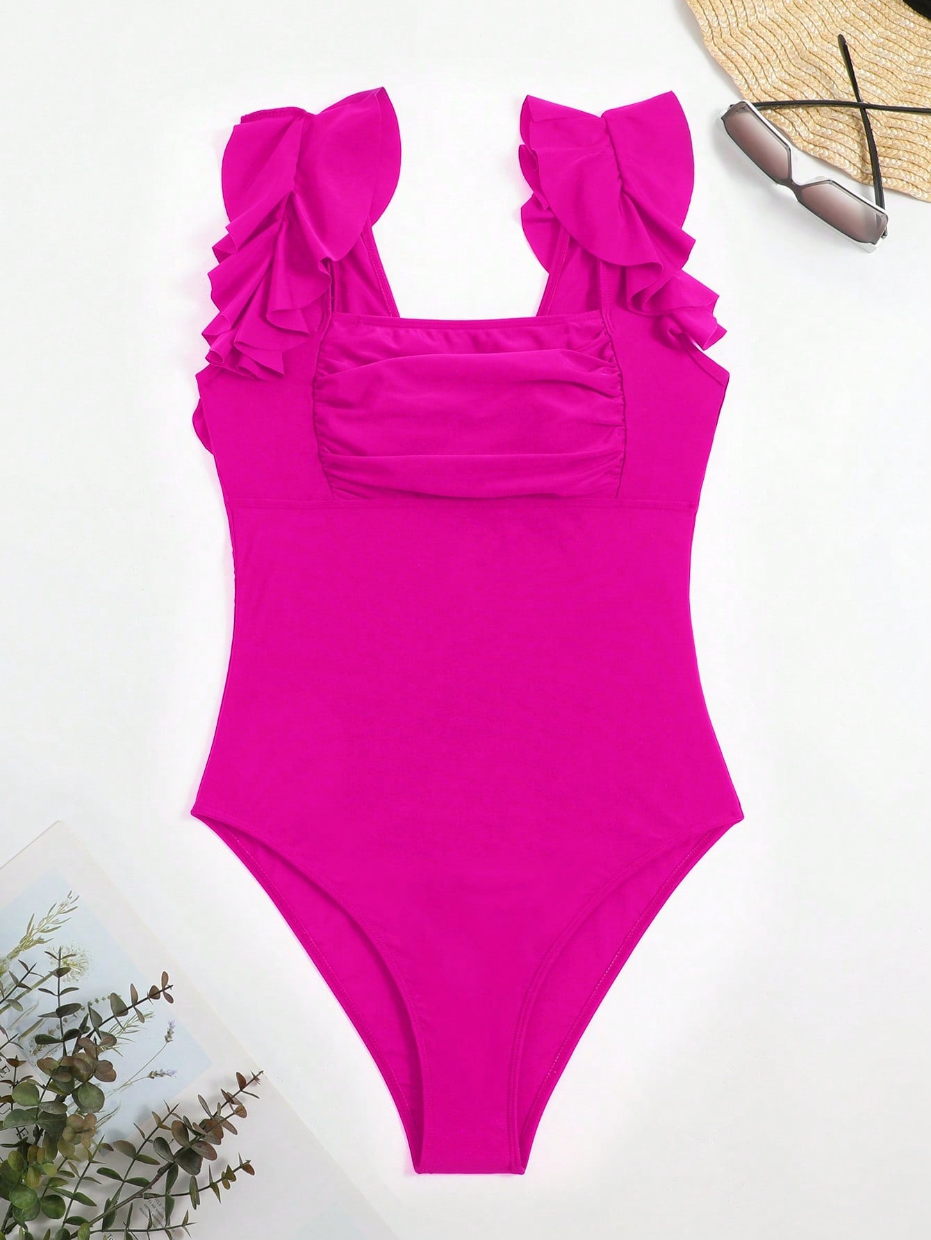 View Outfits SHEIN SHEIN Swim Chicsea Ruffle Trim Ruched Bust One Piece Swimsuit