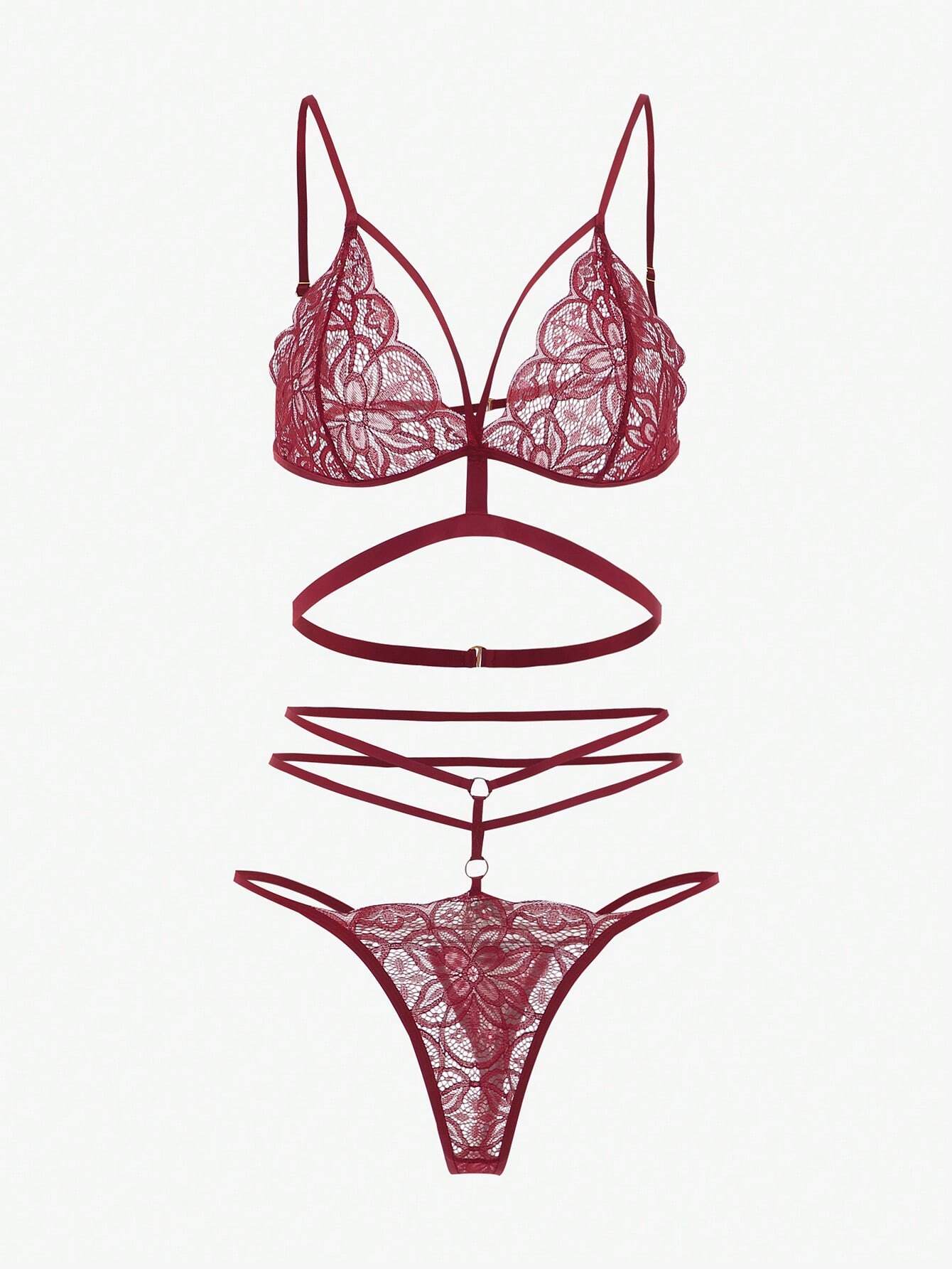 Classic Sexy Floral Lace Harness Lingerie Set Burgundy