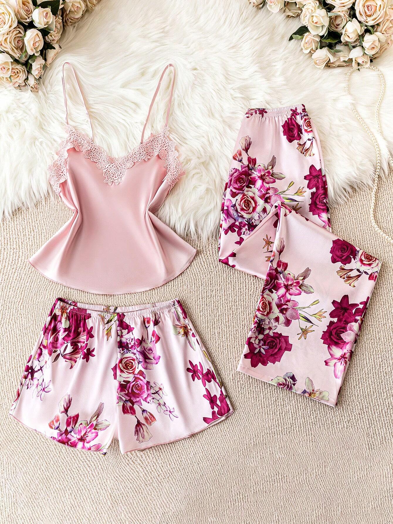 Floral Print Appliques Satin PJ Set
