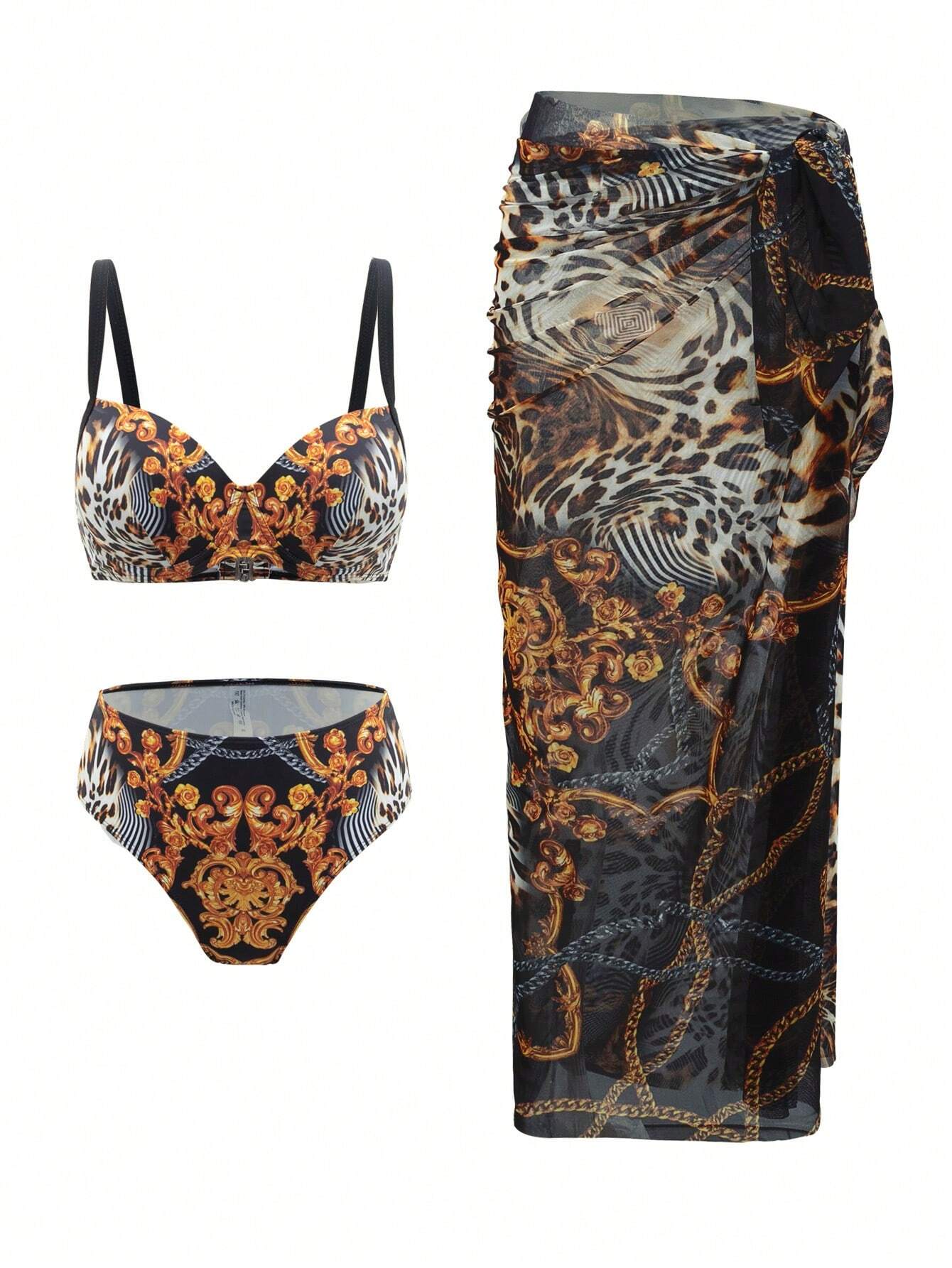 Swim Oasis Women's Baroque Printed Sexy Bikini Set For Vacation With Cover-Up Shirt And Skirt