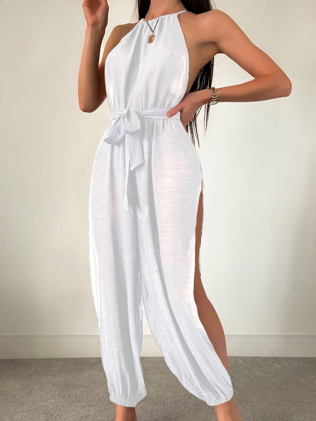 SHEIN Swim Chicsea Solid Split Thigh Belted Halter Neck Cover Up Jumpsuit S White