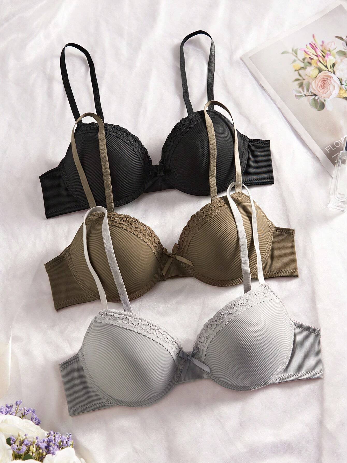 3pcs/Set Women's Simple Casual Gather Lightly Padded Underwire Bra Multicolor 3