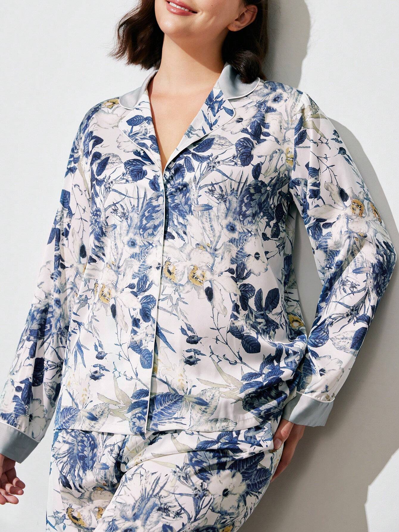 LUVLETTE Satin Floral Long-Sleeve Button-Up &amp; Pants Pajama Set