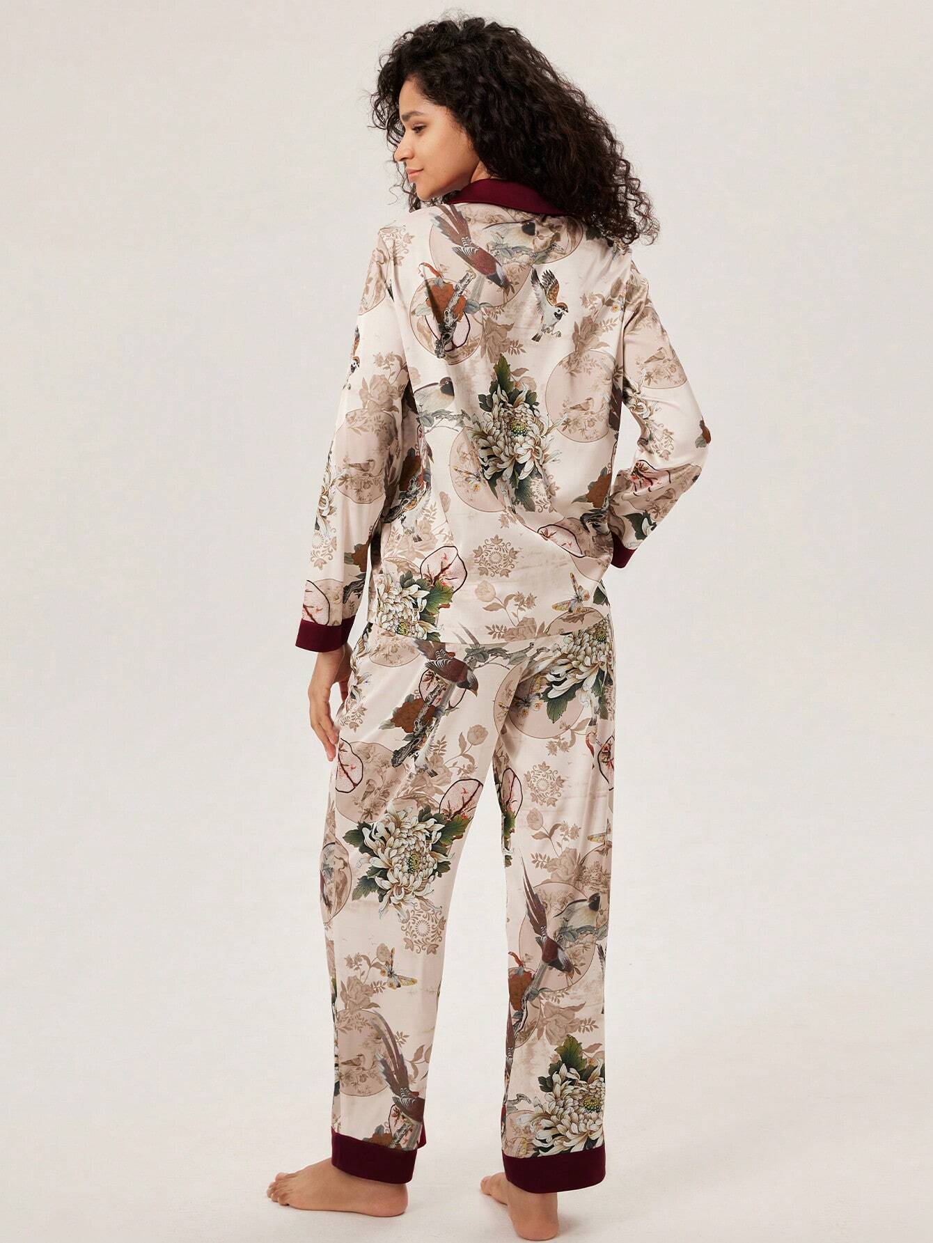 LUVLETTE Chinese Ink Painting Flora Print Satin Long Women Pajama Sets