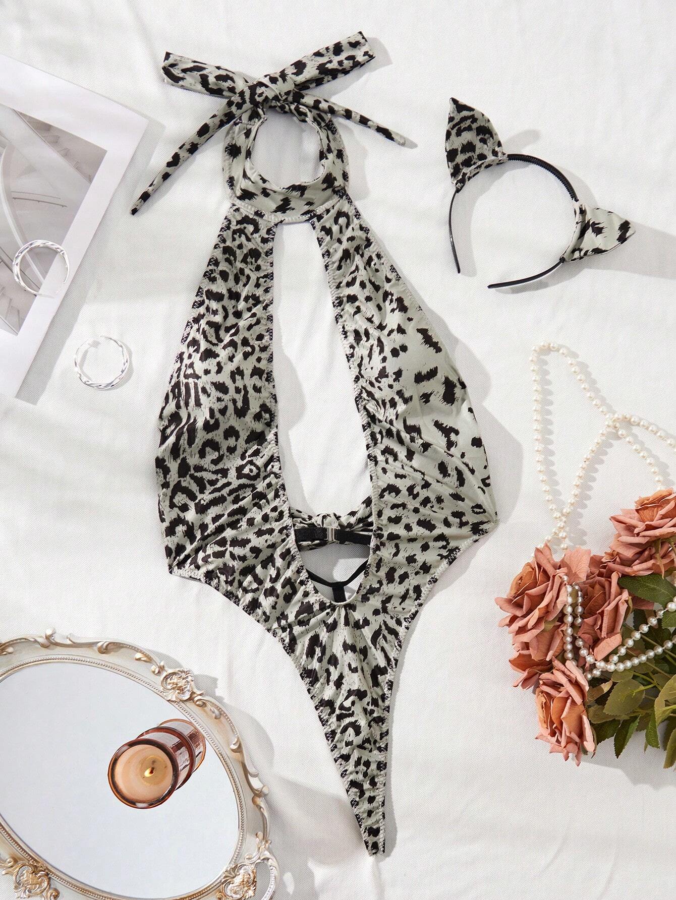 Women'S Leopard Print Hollow Out Sexy Lingerie Set