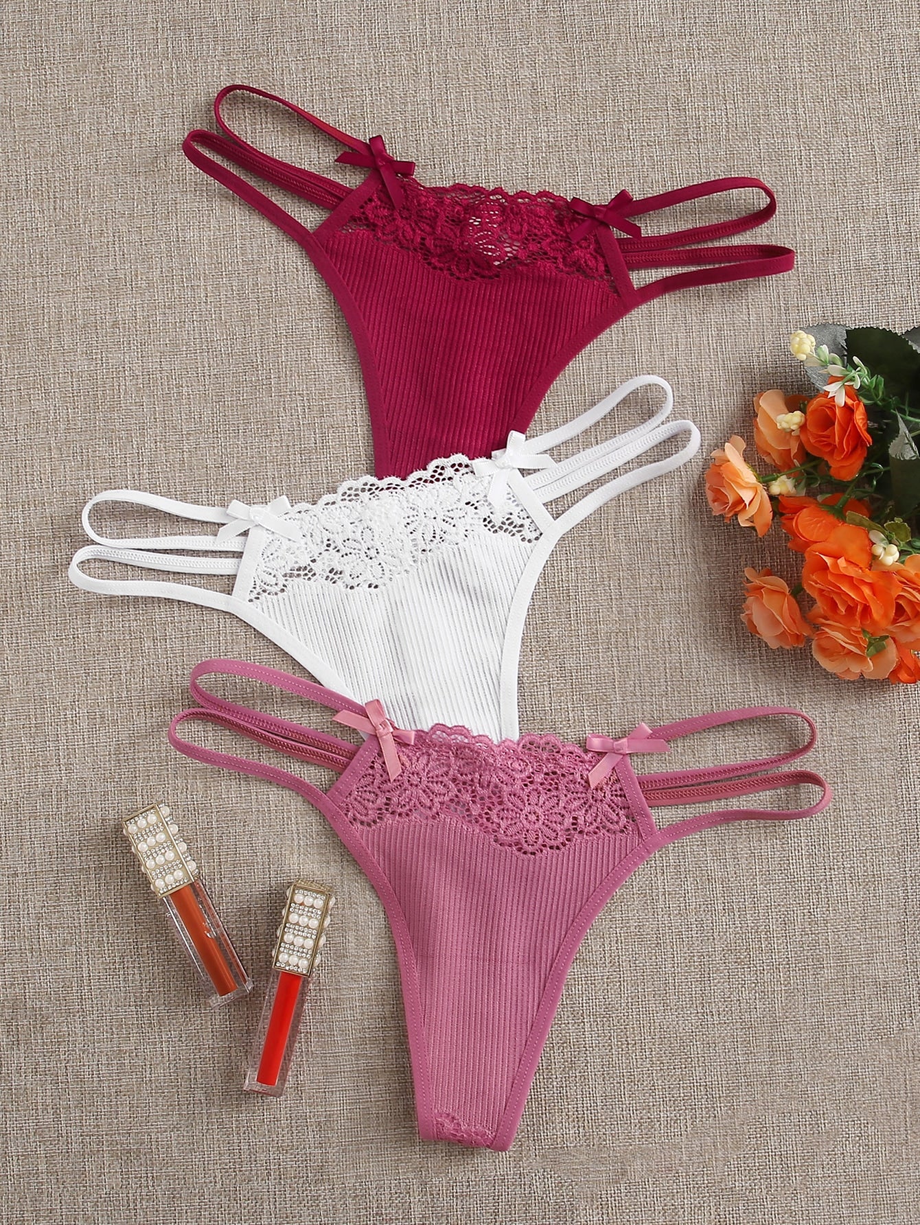 Ribbed Bow Accent Thong Panty Set - 3 Pack