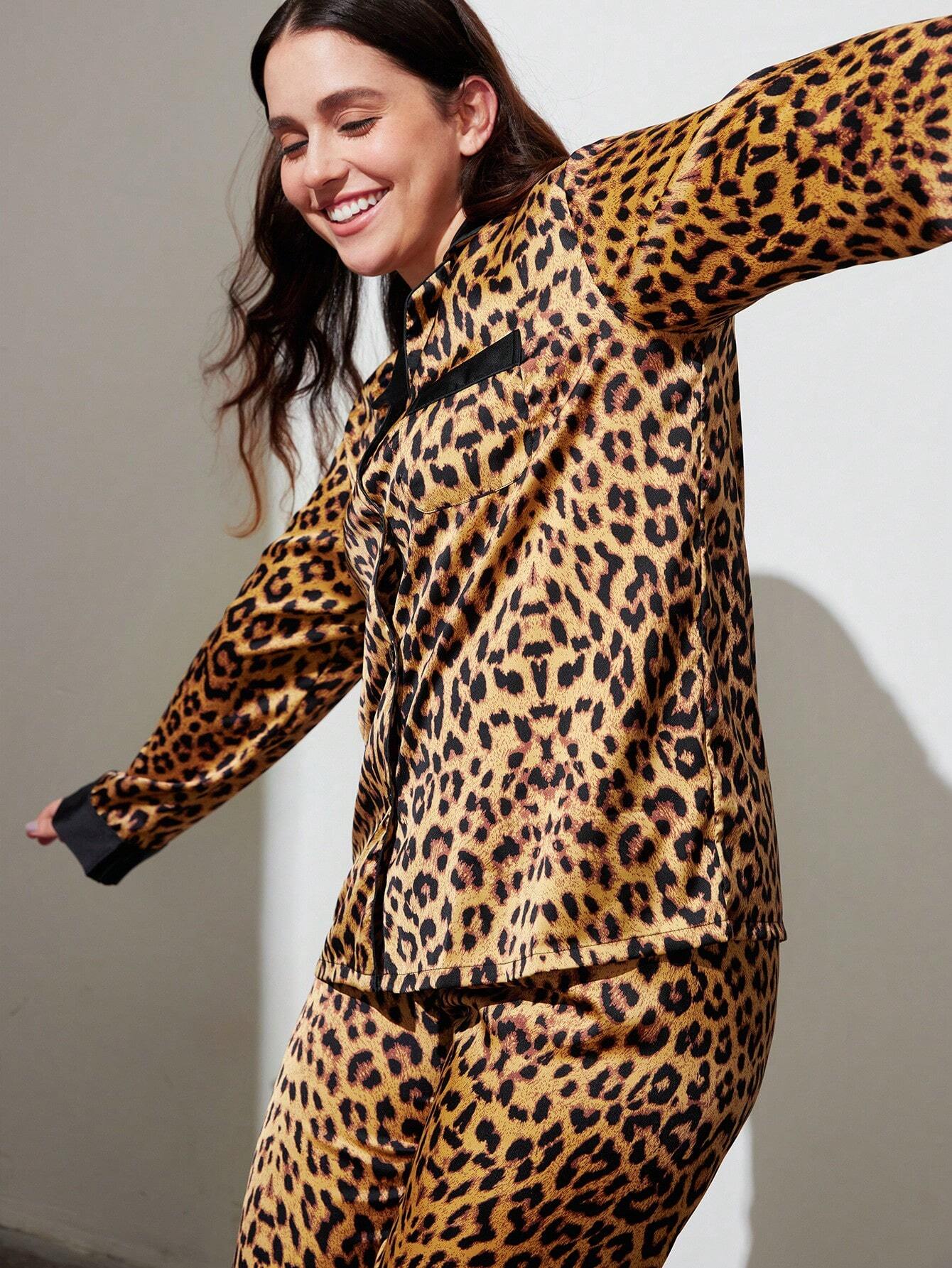 LUVLETTE Sexy Leopard Print Satin Long Women Pajama Set
