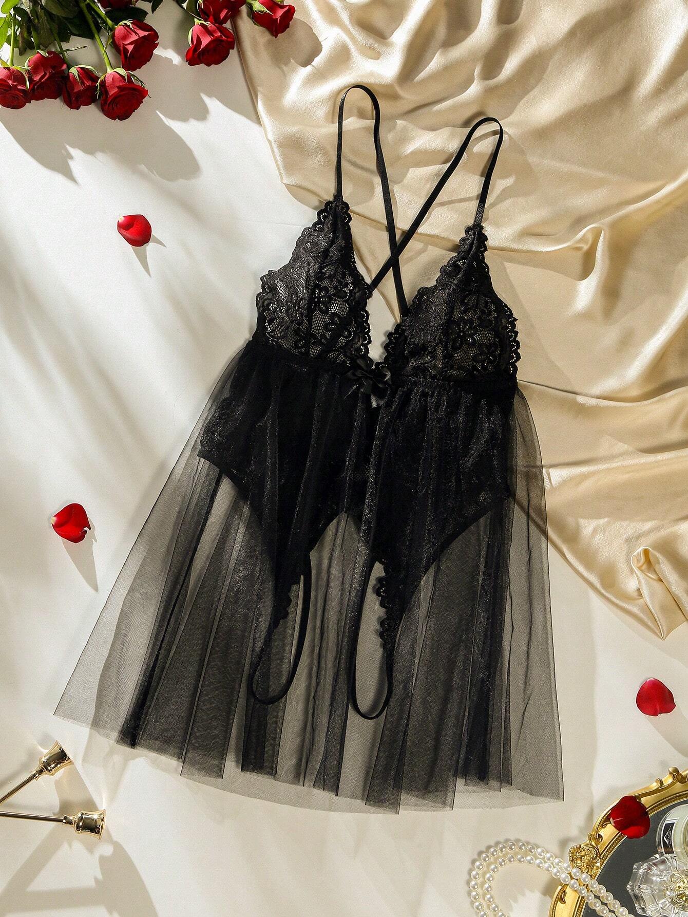 Classic Sexy Contrast Lace Mesh Plunging Neck Slips