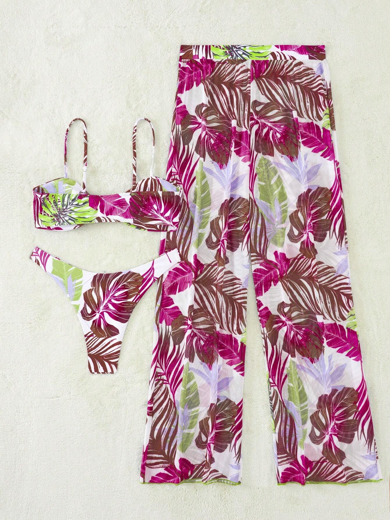 3pcs Tropical Print High Cut Bikini Swimsuit With Cover Up
