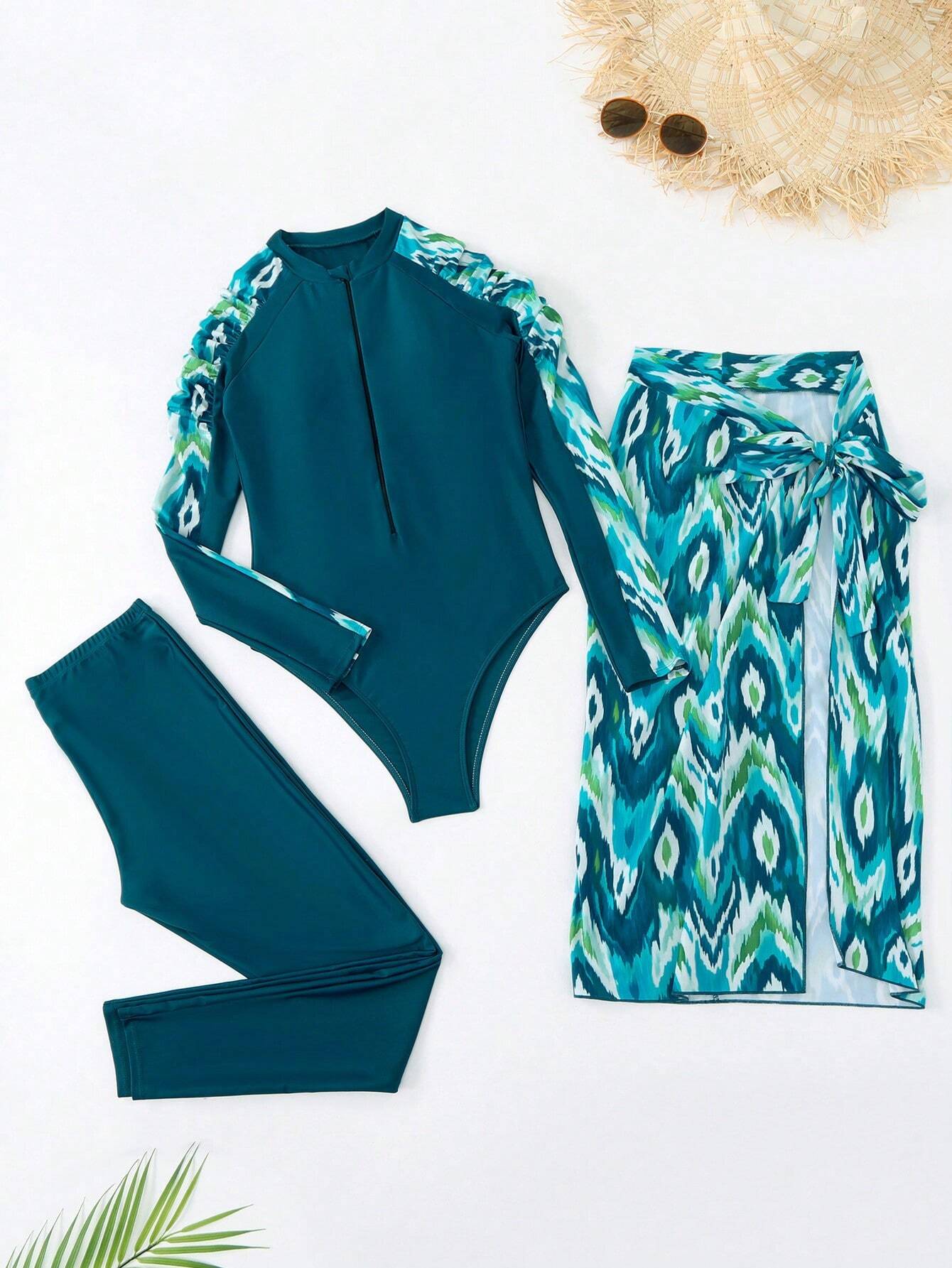 Swim Mulvari Summer Beach Women's Tie-Dye Splicing Jumpsuit With Pants &amp; Skirt Cover-Up Swimsuit