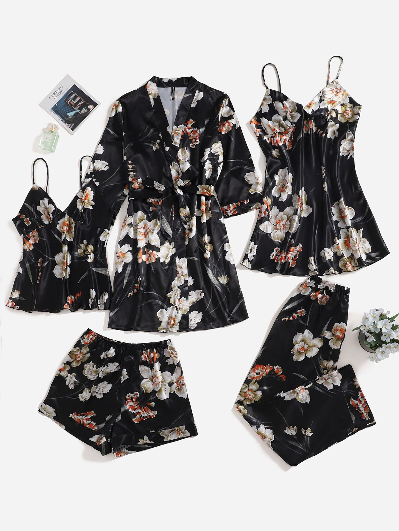 SHEIN Modely 5pcs Floral Print Satin PJ Set