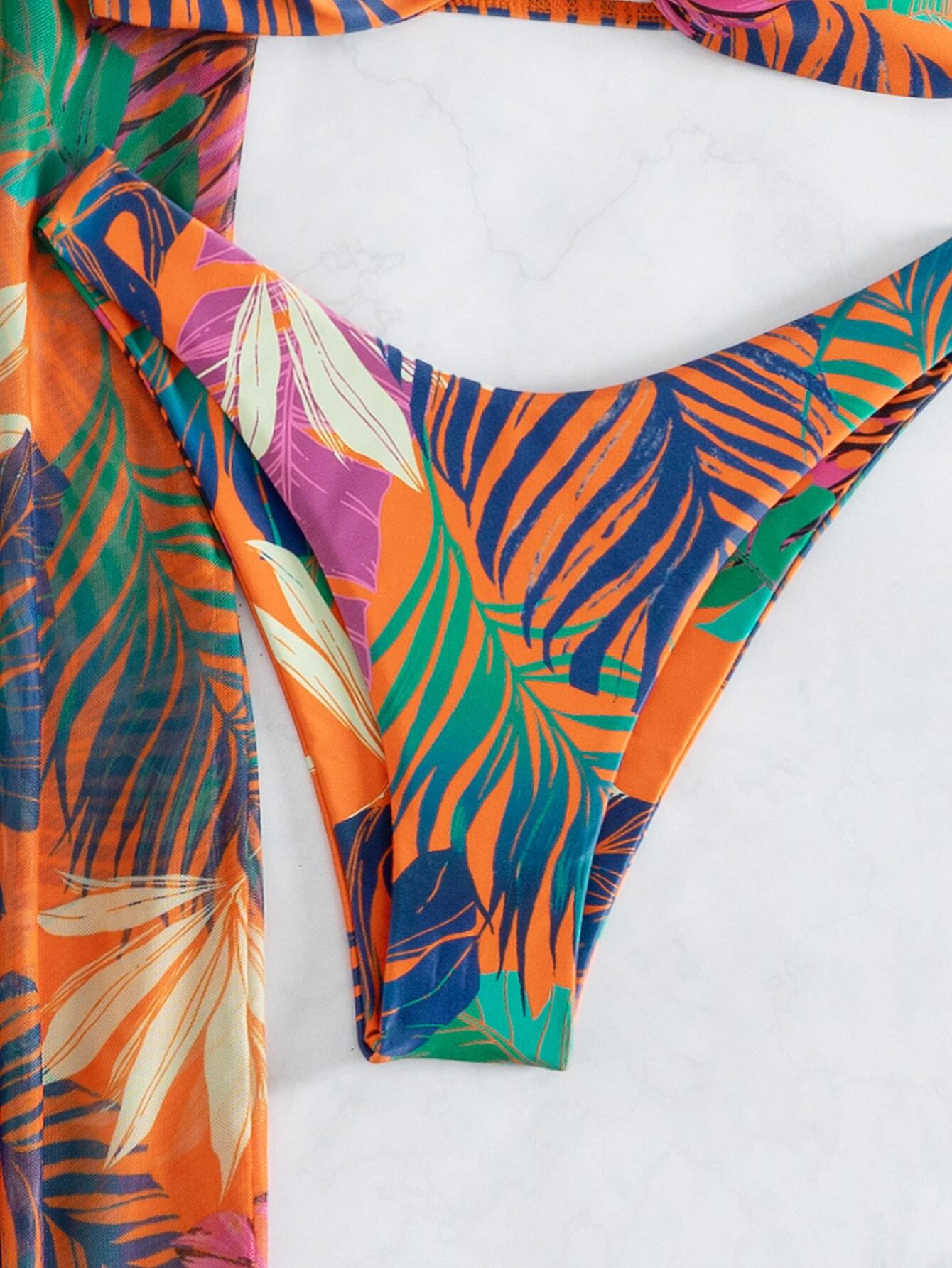 3pcs Tropical Print High Cut Bikini Swimsuit With Cover Up