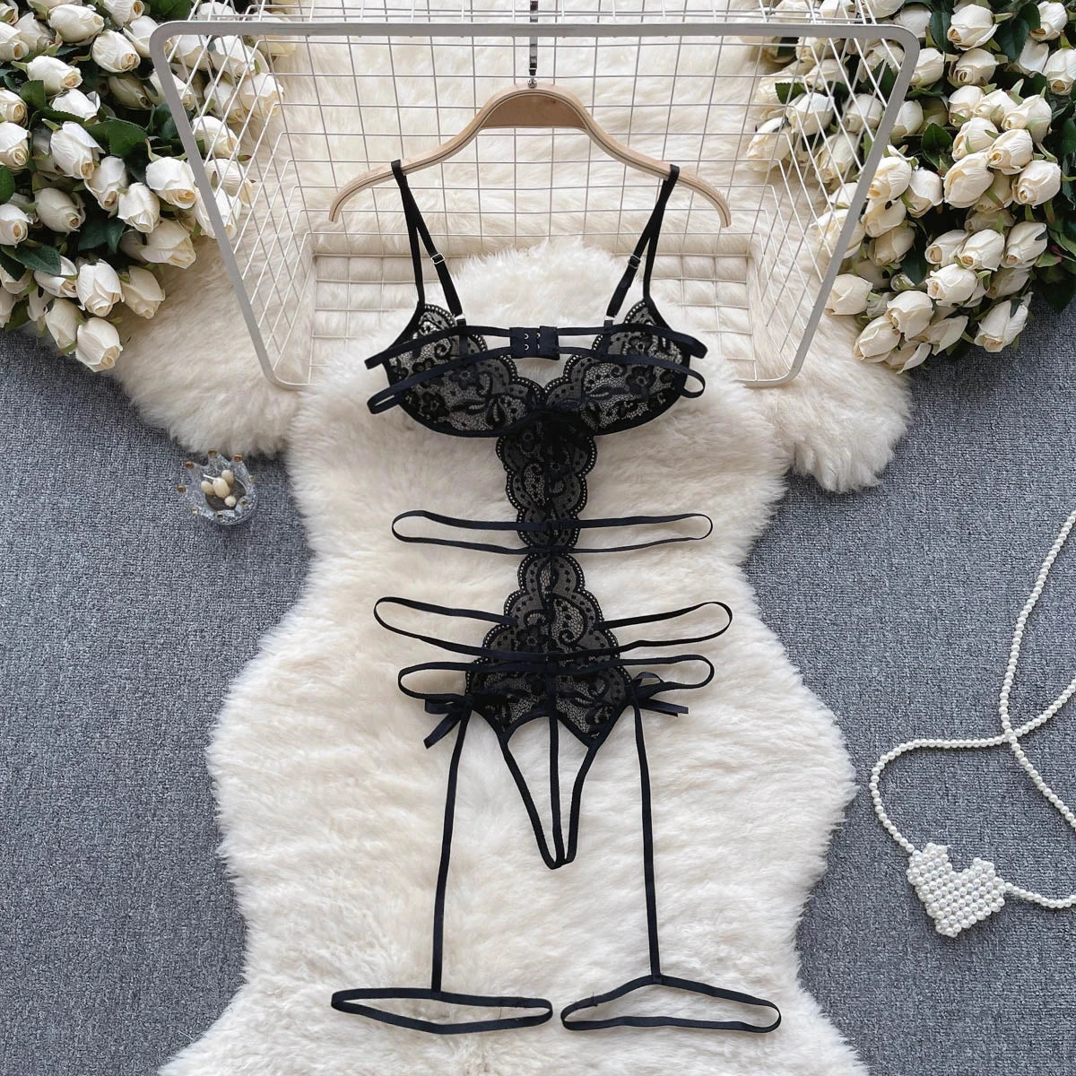 Black Lace Women's See-through Sexy Lace Up Bow Spliced Strap Jumpsuit Hollow Out Erotic Lingerie Bodysuit