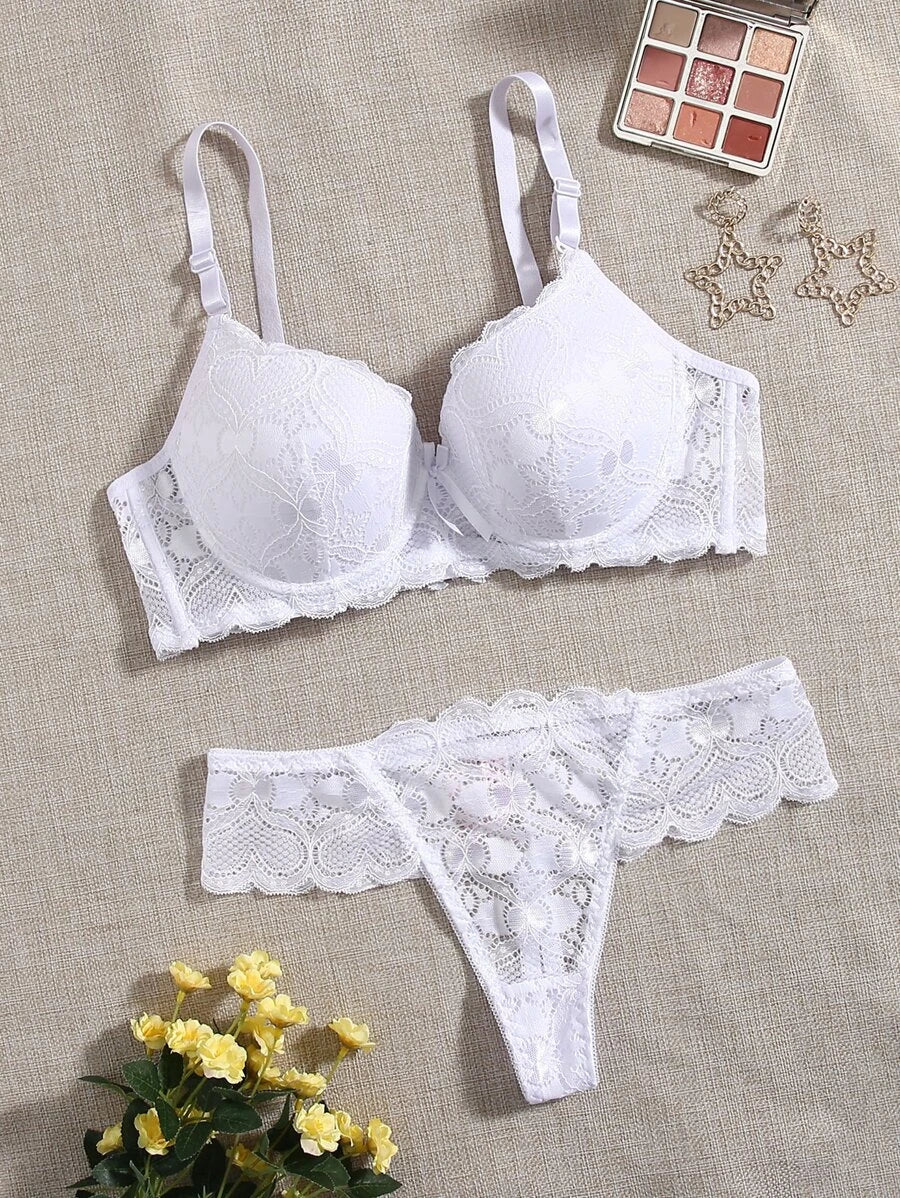 Floral Lace Super Push Up Lingerie Set White