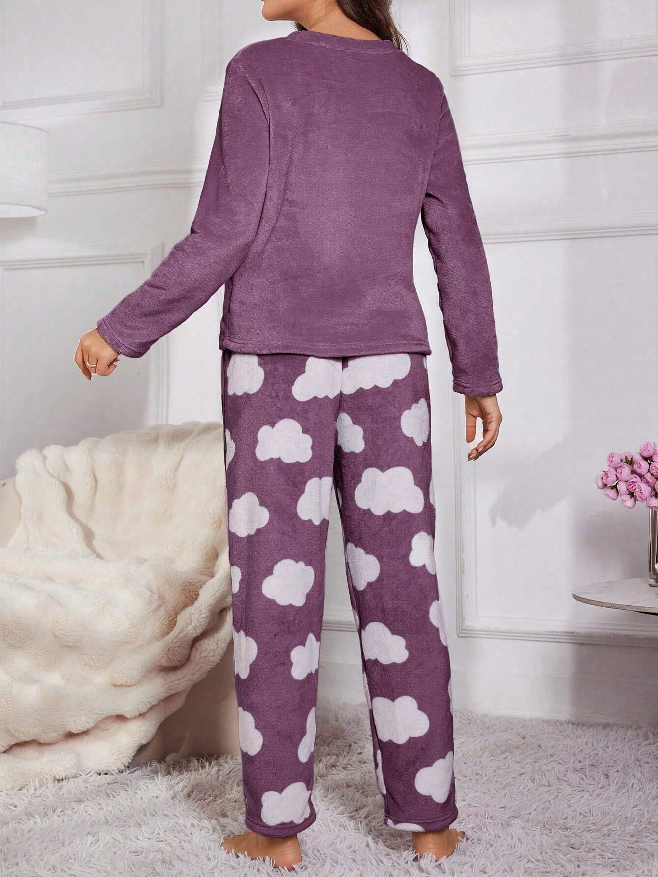 Eyelash Embroidery Flannel Long Sleeve Pajama Set