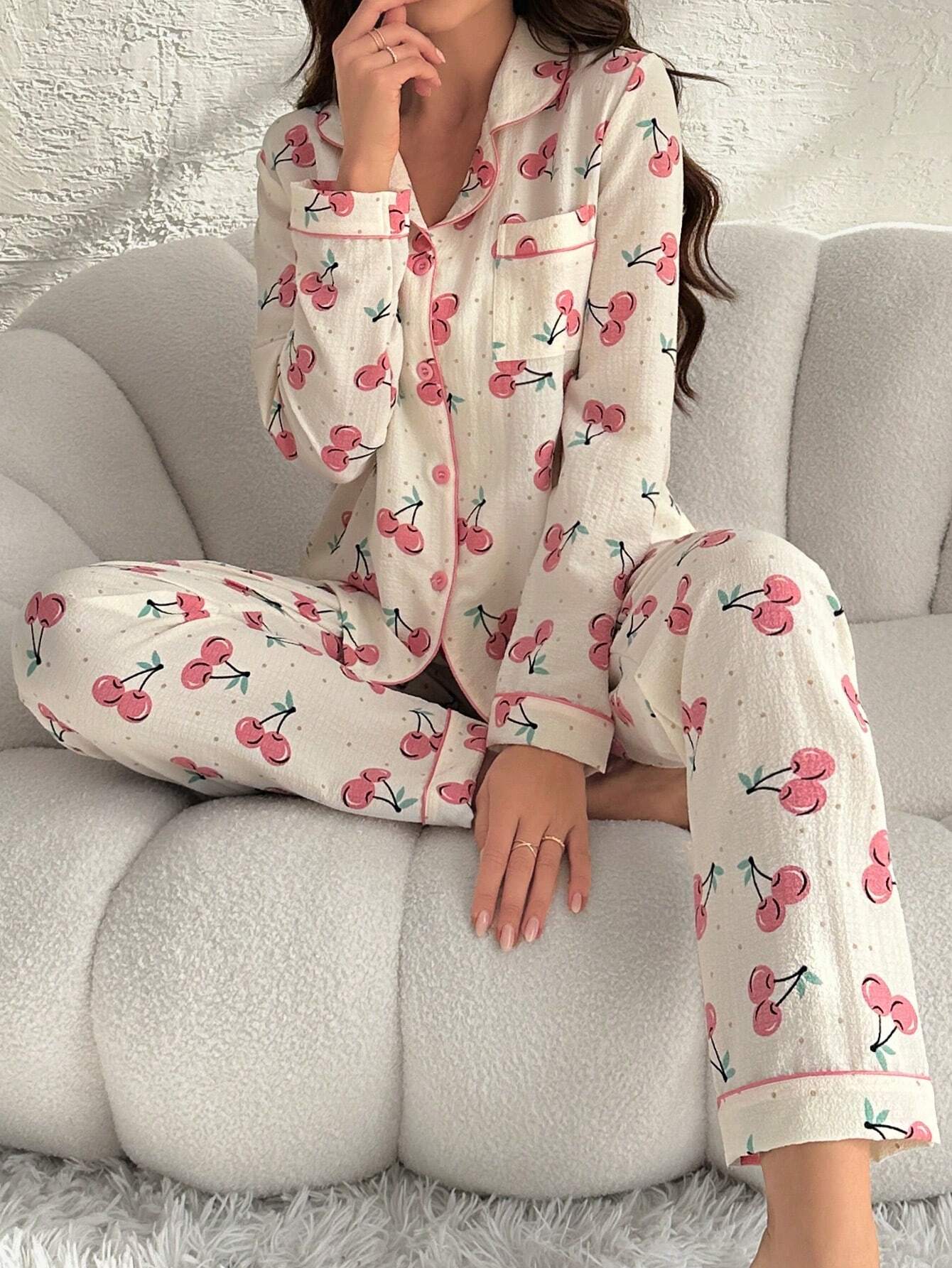 Women's Cherry Print Long Sleeve Long Pants Pajama Set