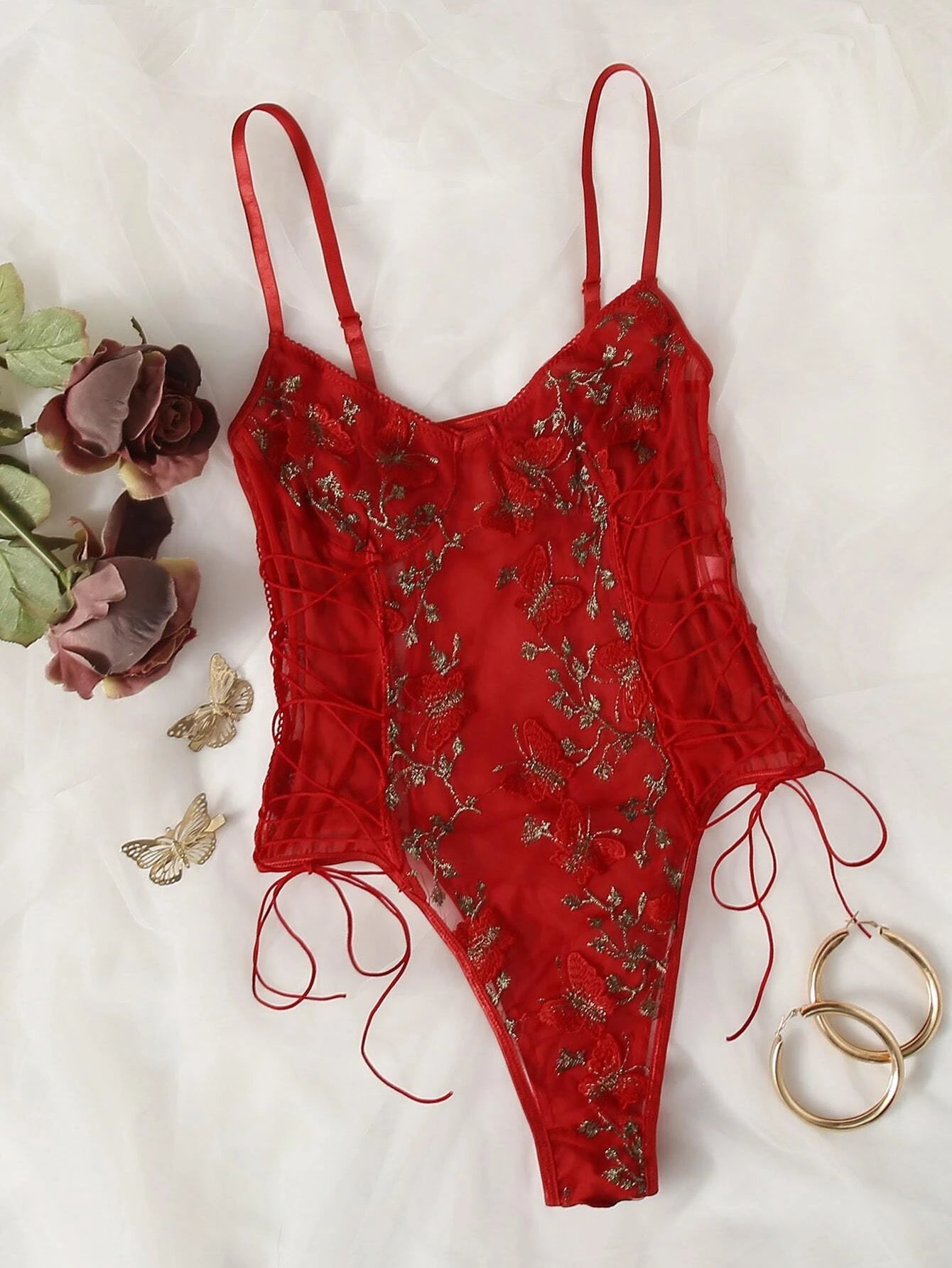 Butterfly Embroidered Mesh Teddy Bodysuit Red
