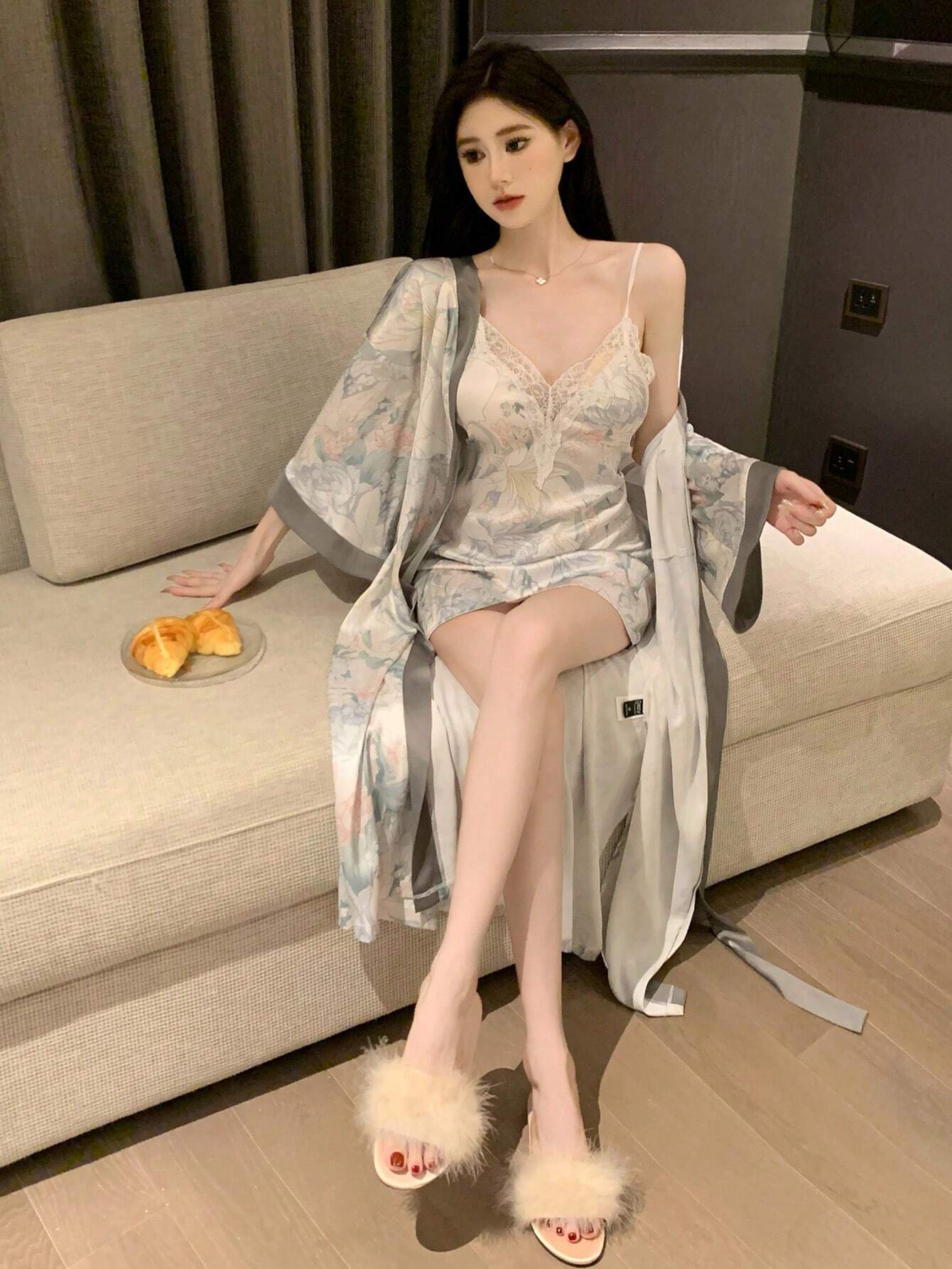 DAZY Floral Printed Patchwork Lace Pajama Set