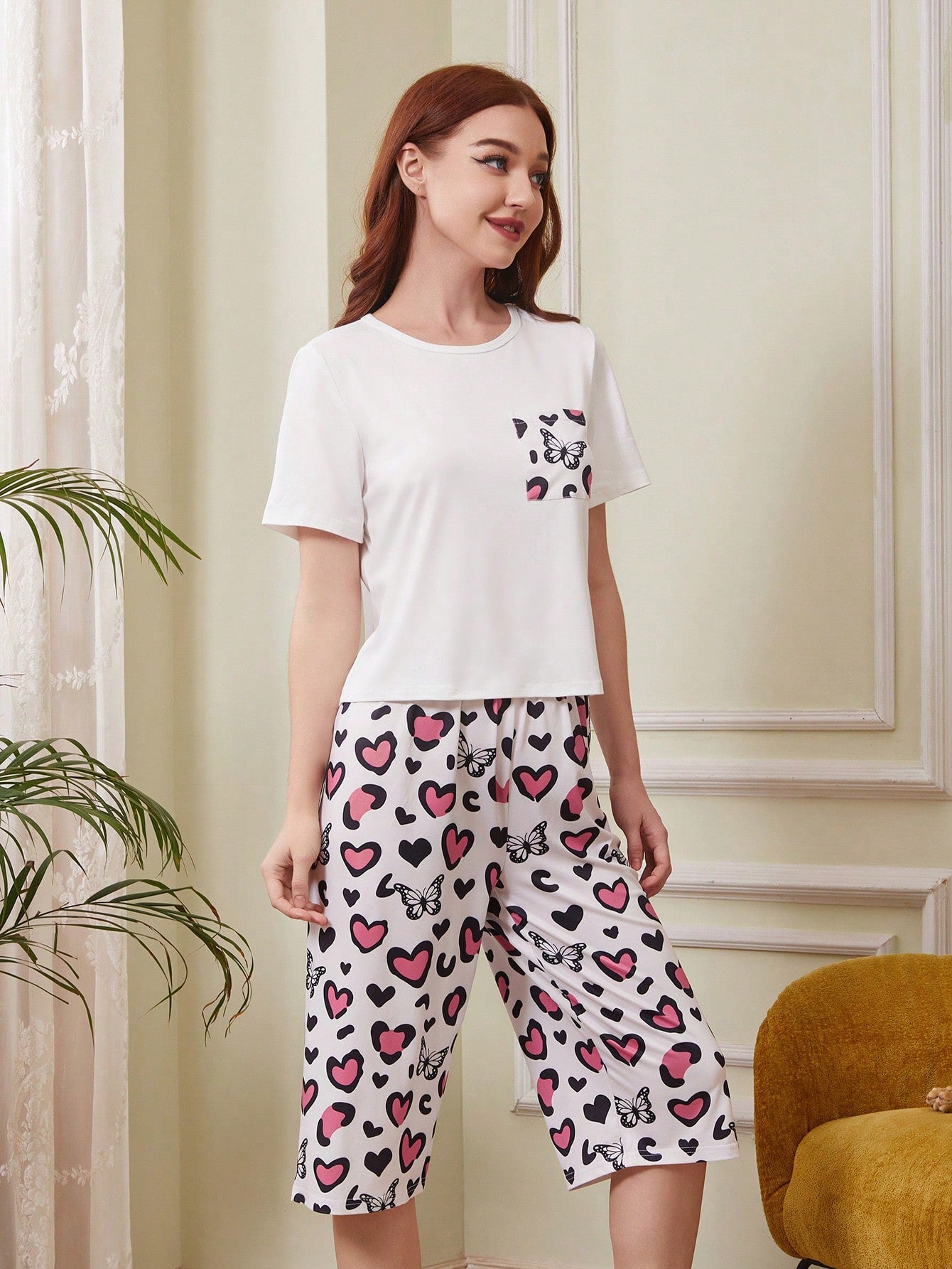 Heart &amp; Butterfly Graphic Pocket Patched Tee &amp; Shorts PJ Set