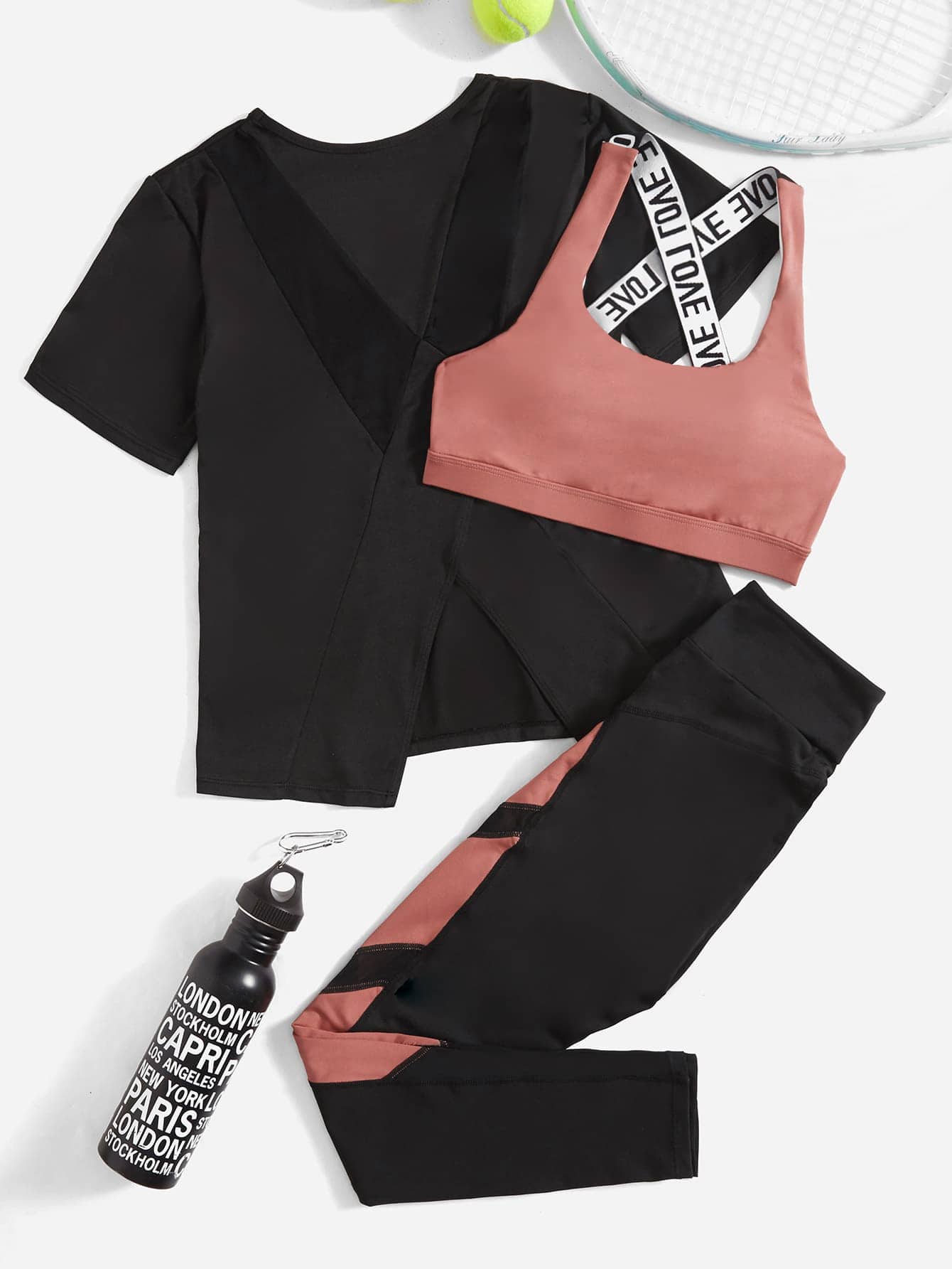 Yoga Future 3pcs Contrast Letter Tape Colorblock Asymmetrical Hem Sports Set