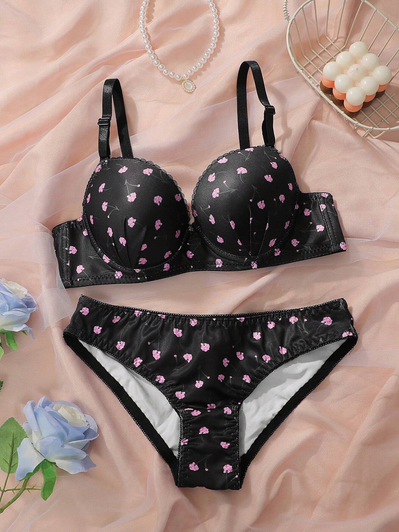 Floral Print Underwire Bra &amp; Panty Lingerie Set