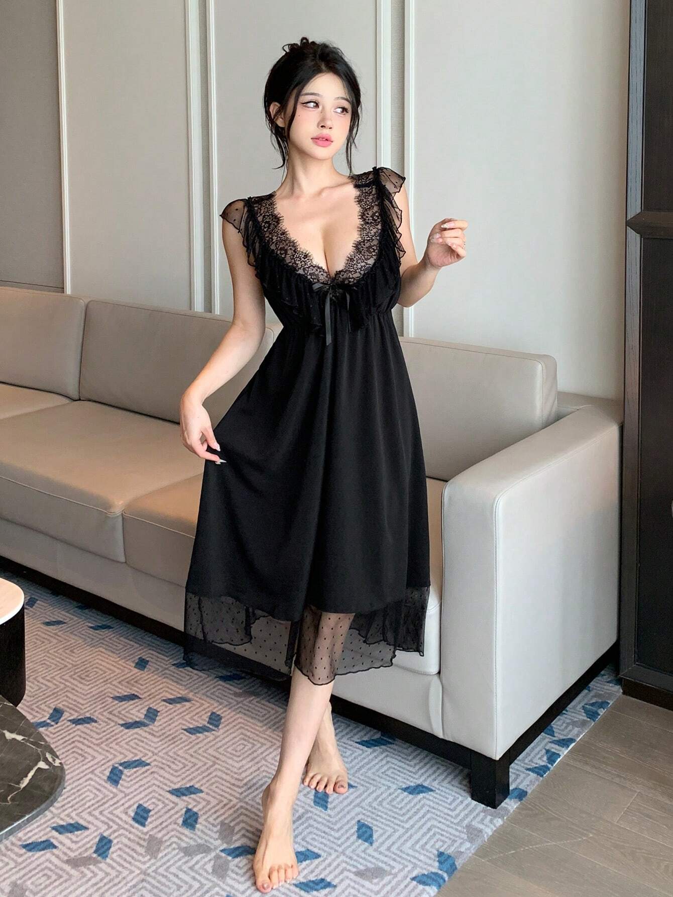 DAZY Women's Romantic Mesh Lace Patchwork Ruffle Backless Nightgown