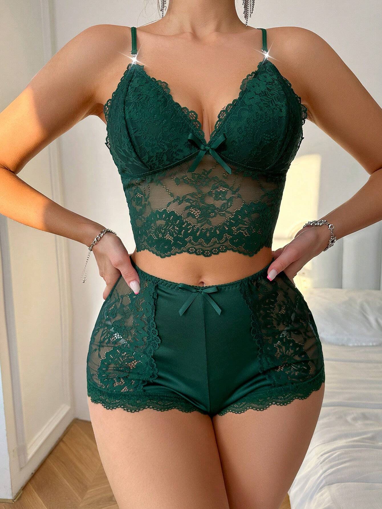 Women's Lace &amp; Bowknot Decor Pajama Set