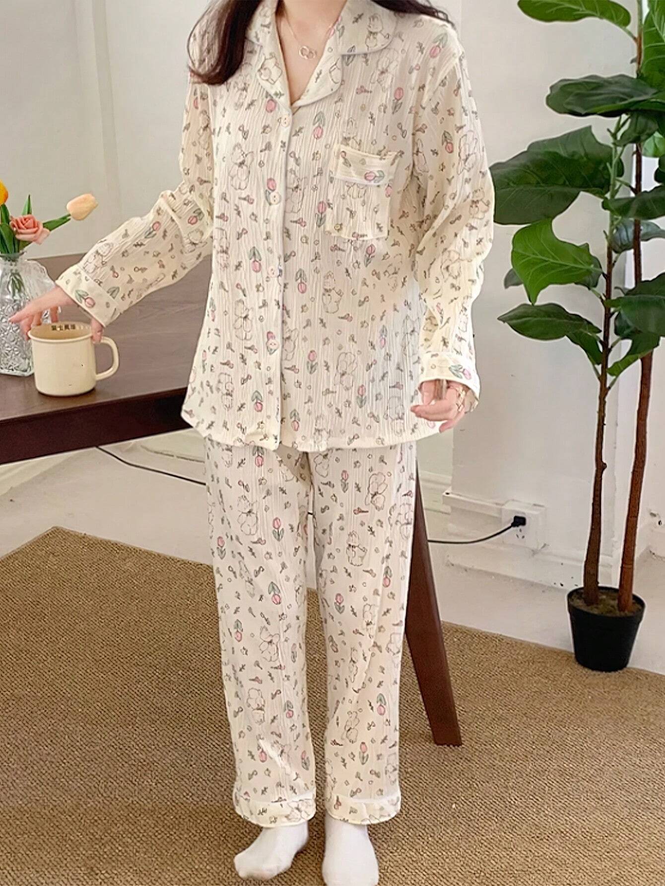2pcs Women's Beige Cartoon Rabbit Long Sleeve Shirt &amp; Pants Sleepwear Pajama Set