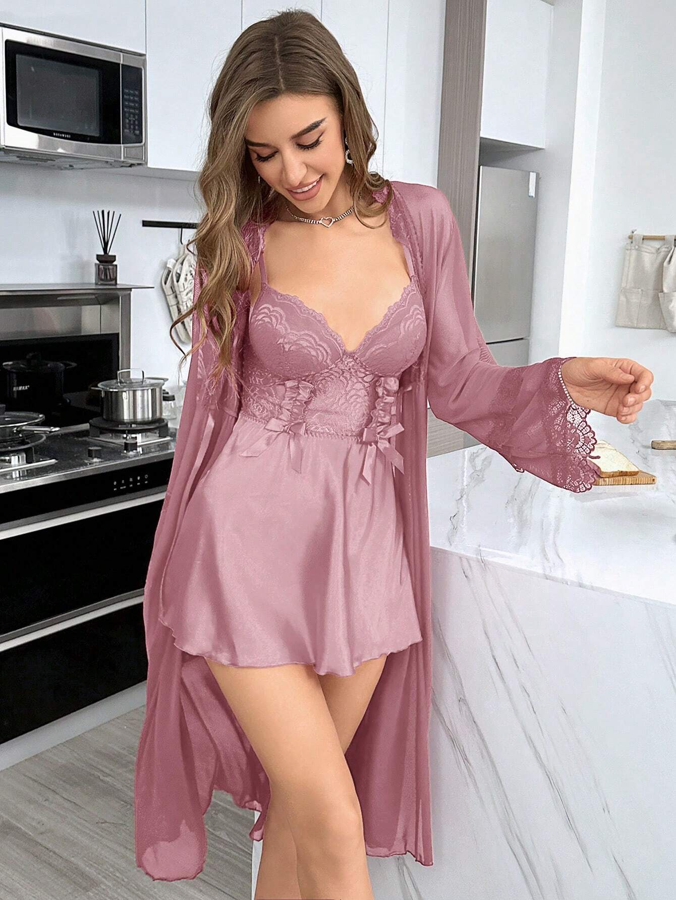 Women Spliced Lace Long Sleeve Robe And Cami Dress Sexy Sleepwear Set Pajama Set
