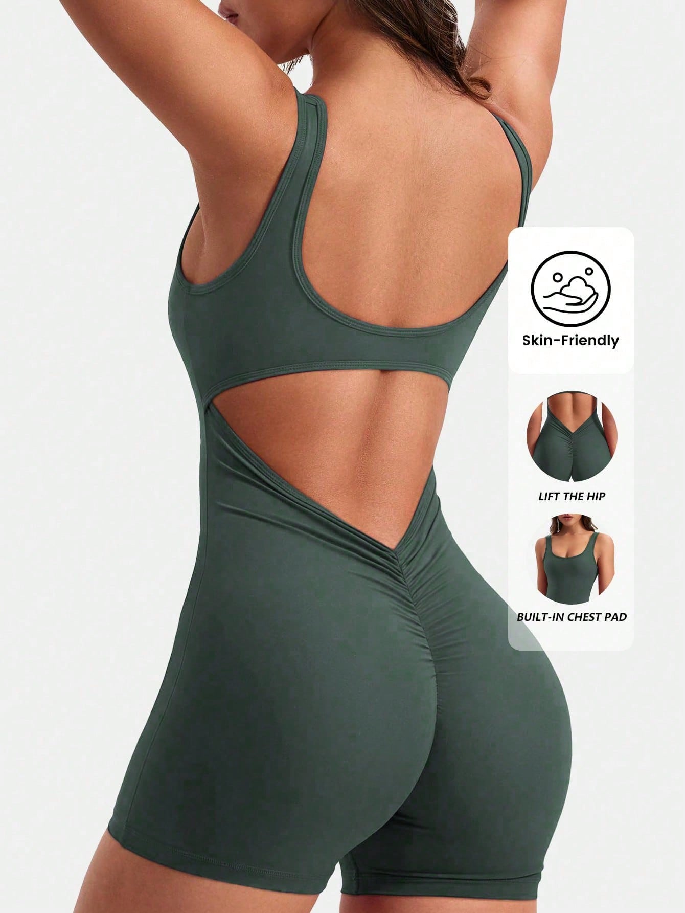 Yoga Basic Solid Sports Romper Olive Green