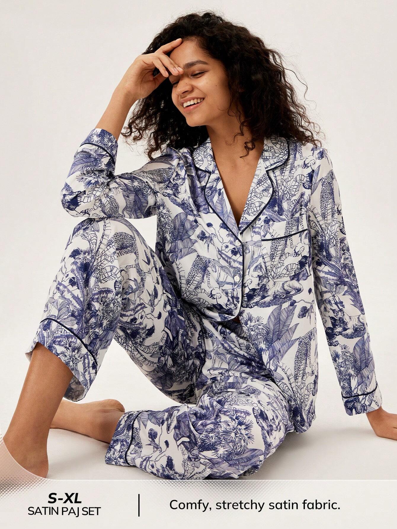 LUVLETTE Floral Pattern Satin Long Pajama Sets