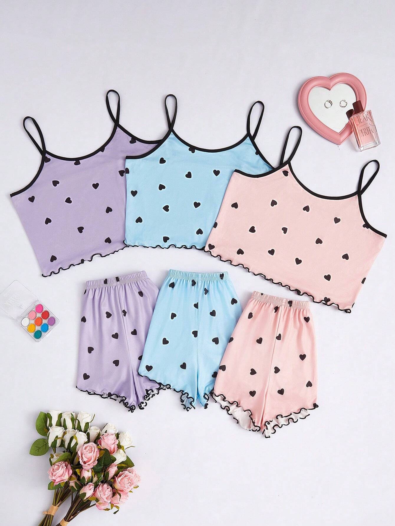 3pcs Women's Heart Printed Camisole &amp; Shorts Pajama Set