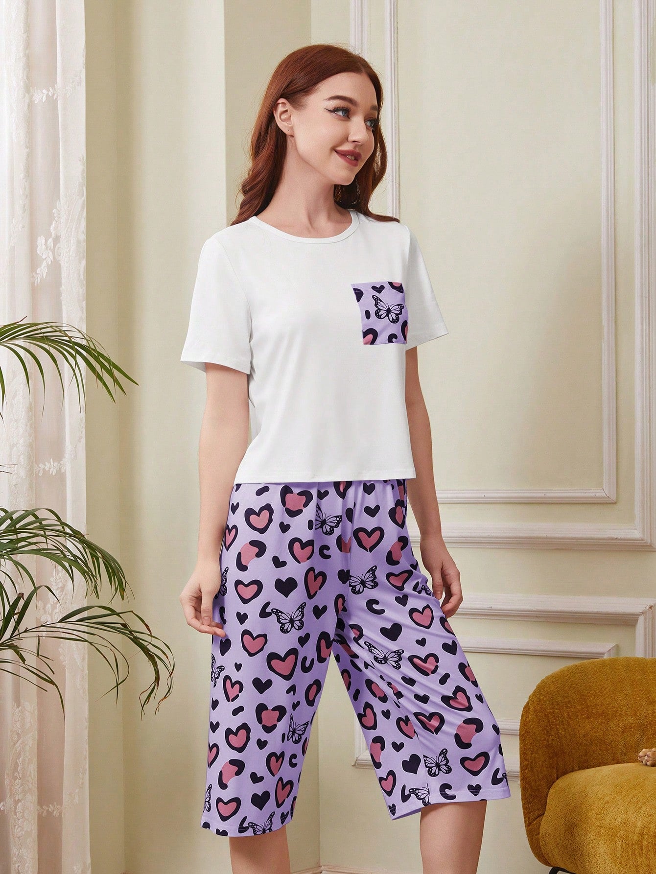 Heart &amp; Butterfly Graphic Pocket Patched Tee &amp; Shorts PJ Set