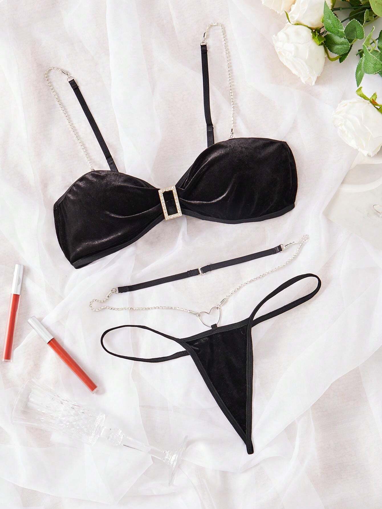 Sexy Women Shiny Sun Pattern Rhinestone Decoration Buckle Chain Bralette And Panties Set