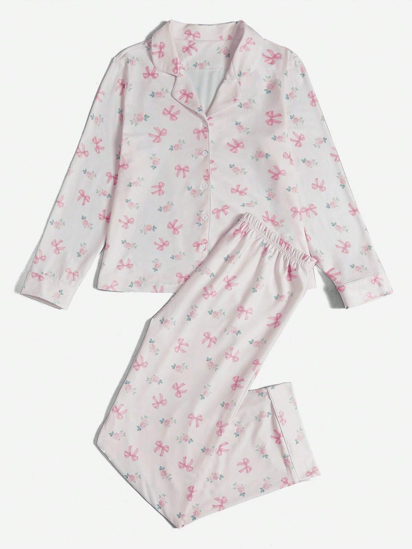 Kawaii Bowknot Printed Pajama Set With Bow