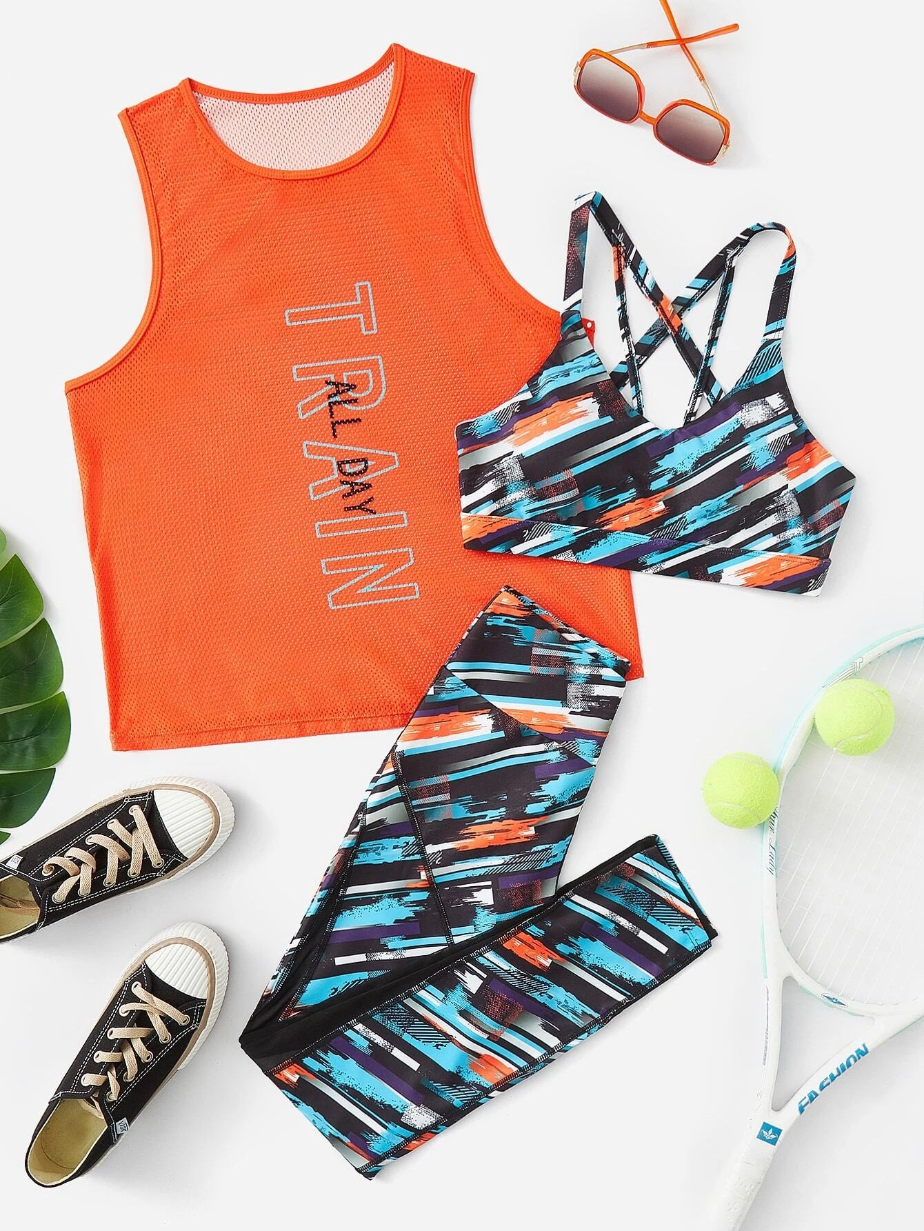 Yoga Trendy Letter Graphic Sports Bra &amp; Tank Top &amp; Leggings Multicolor