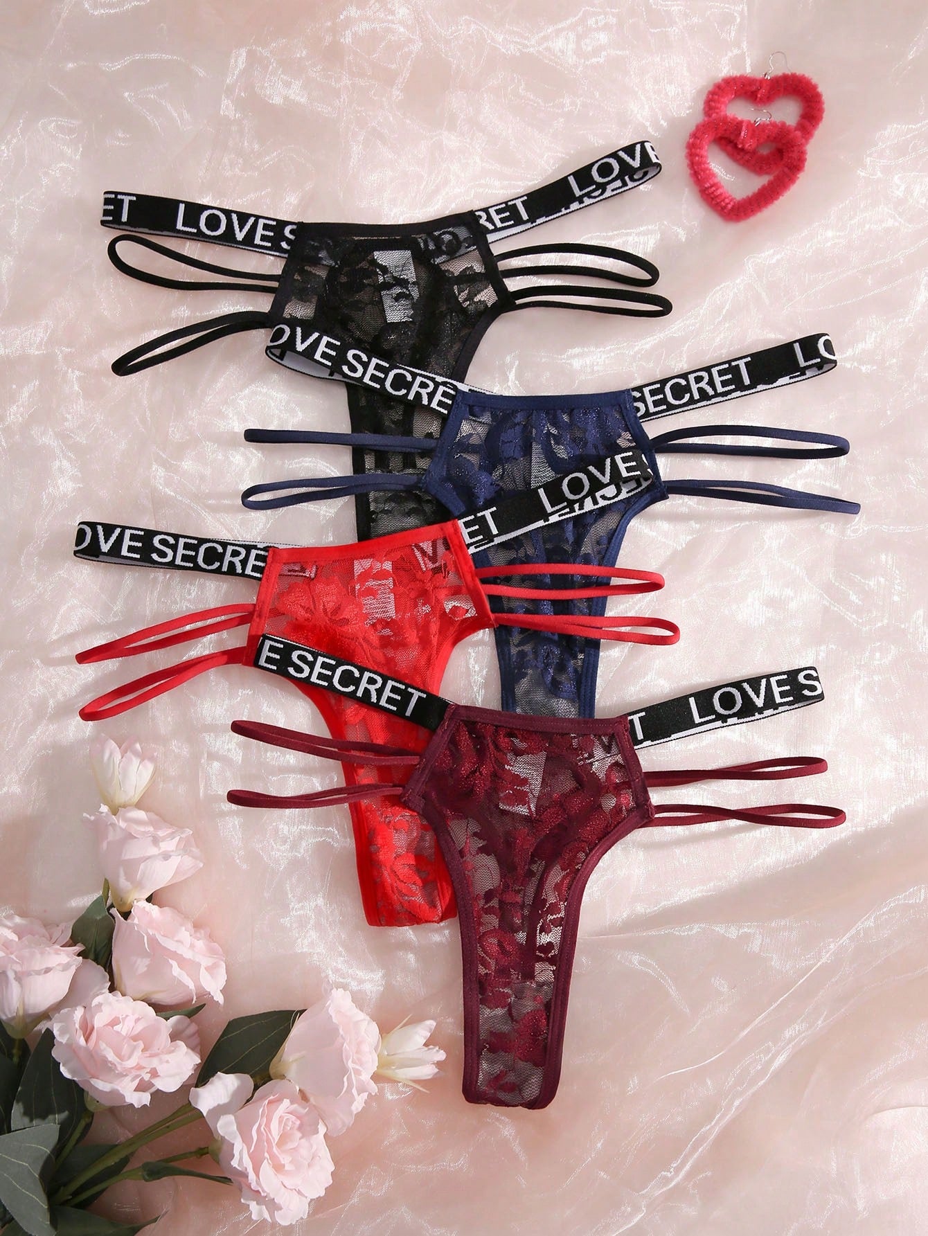 4pack Floral Lace Letter Tape Panty