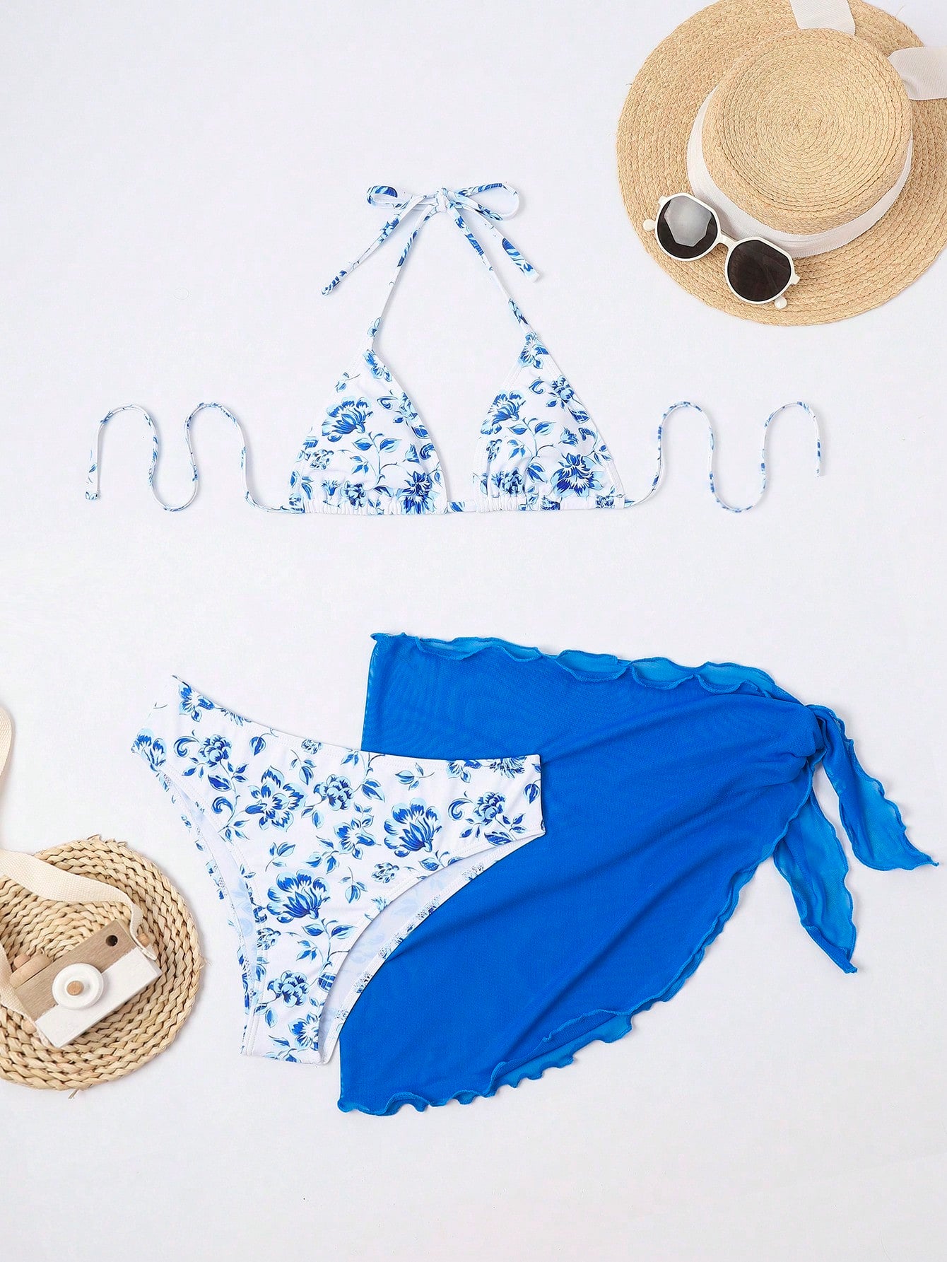 SHEIN Swim Mod Floral Print Halter Triangle Bikini Swimsuit With Beach Skirt