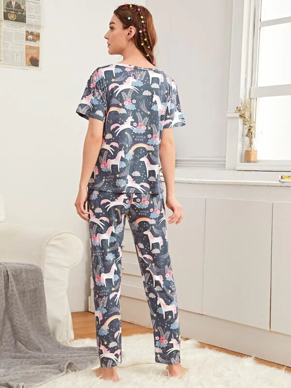 3pcs Unicorn &amp; Plants Print PJ Set &amp; Eye Cover