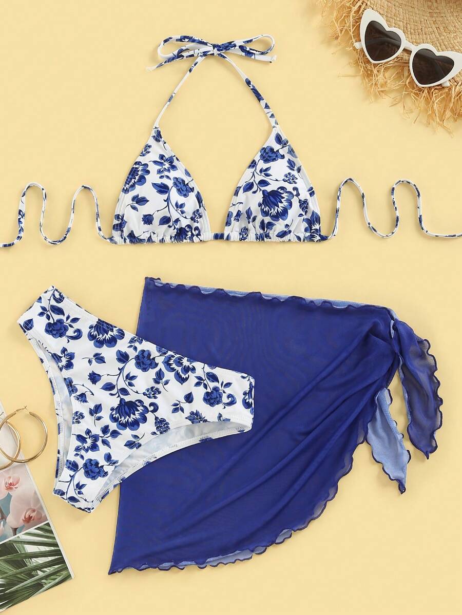 Floral Print Halter Triangle Bikini Swimsuit With Beach Skirt