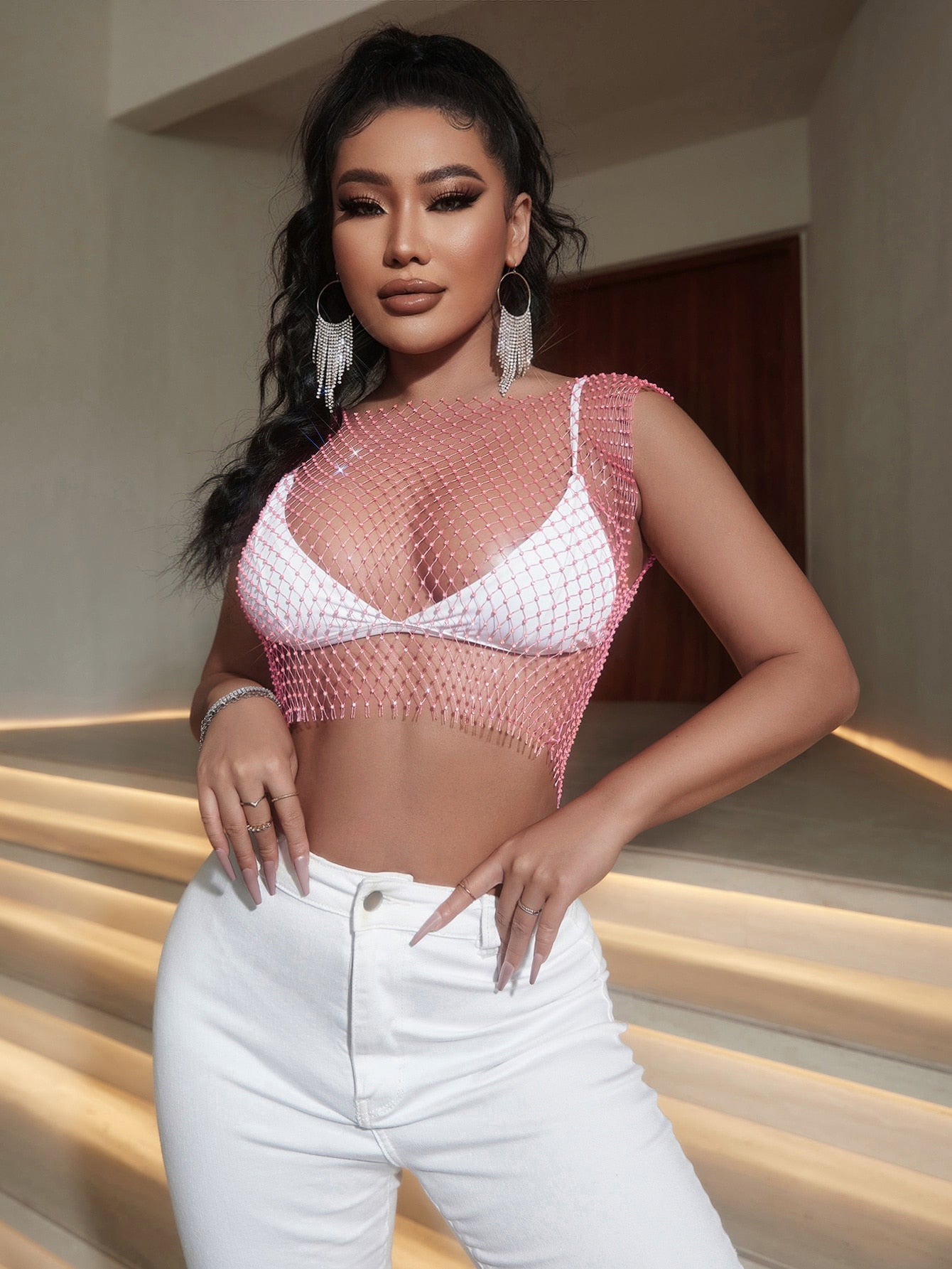 SHEIN BAE Rhinestone Detail Sheer Mesh Tank Top Without Bra