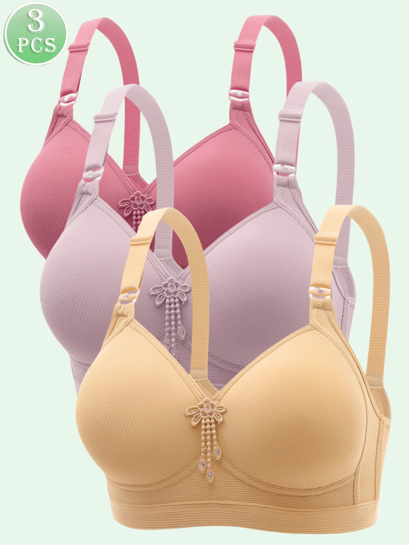 3pcs Women's Solid Color Wireless Comfortable Breathable Push-Up Bra