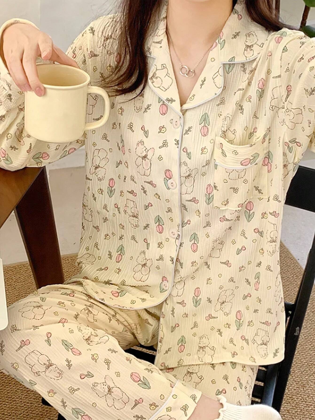 2pcs Women's Beige Cartoon Rabbit Long Sleeve Shirt &amp; Pants Sleepwear Pajama Set